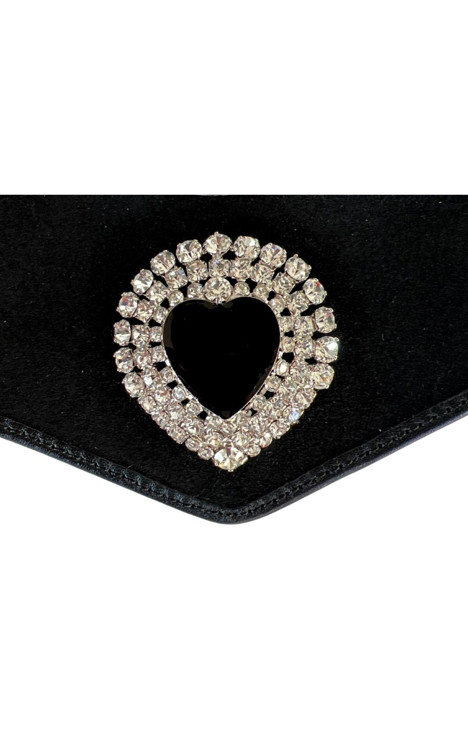 Black Leather and Velvet Crystal Heart Belt - 4