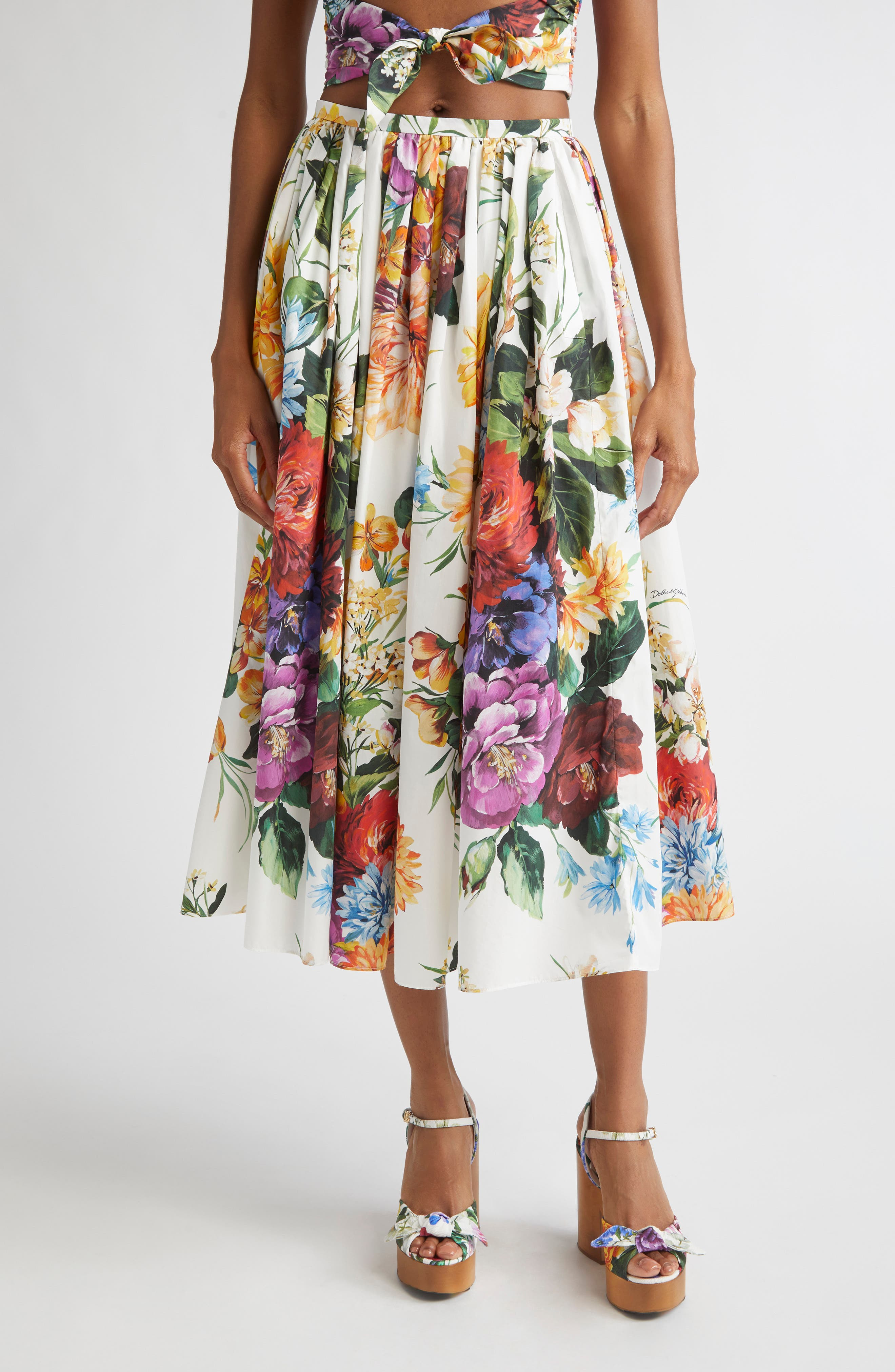 Dolce&Gabbana Floral Print Pleated Cotton Poplin A-Line Midi Skirt in Ha5Pc B.fiori Cret. F.bco at N - 1