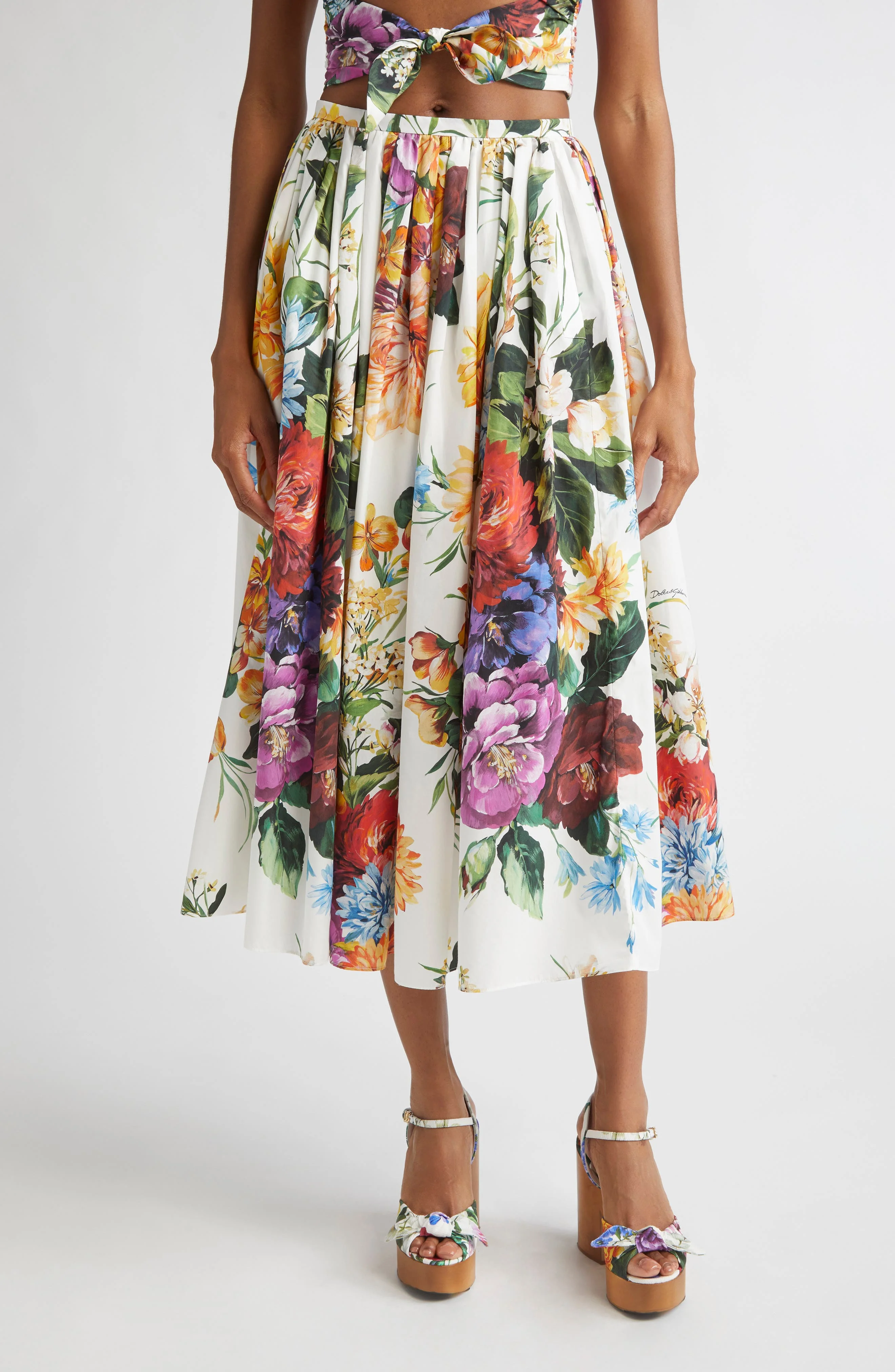 Dolce&Gabbana Floral Print Pleated Cotton Poplin A-Line Midi Skirt in Ha5Pc B.fiori Cret. F.bco at N - 1