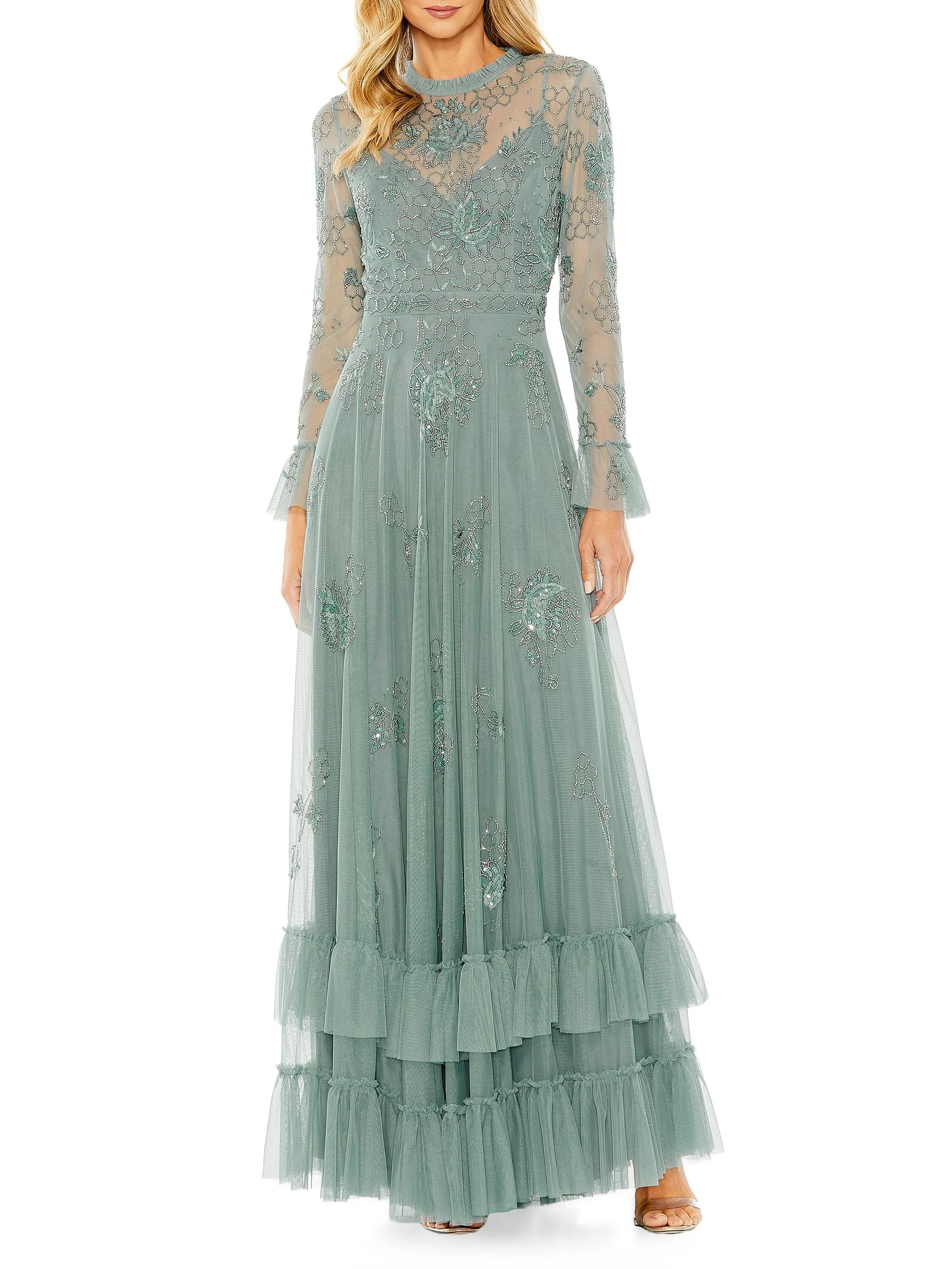 Women's Petite Honeycomb Embroidered Mesh Gown - Spruce - 1