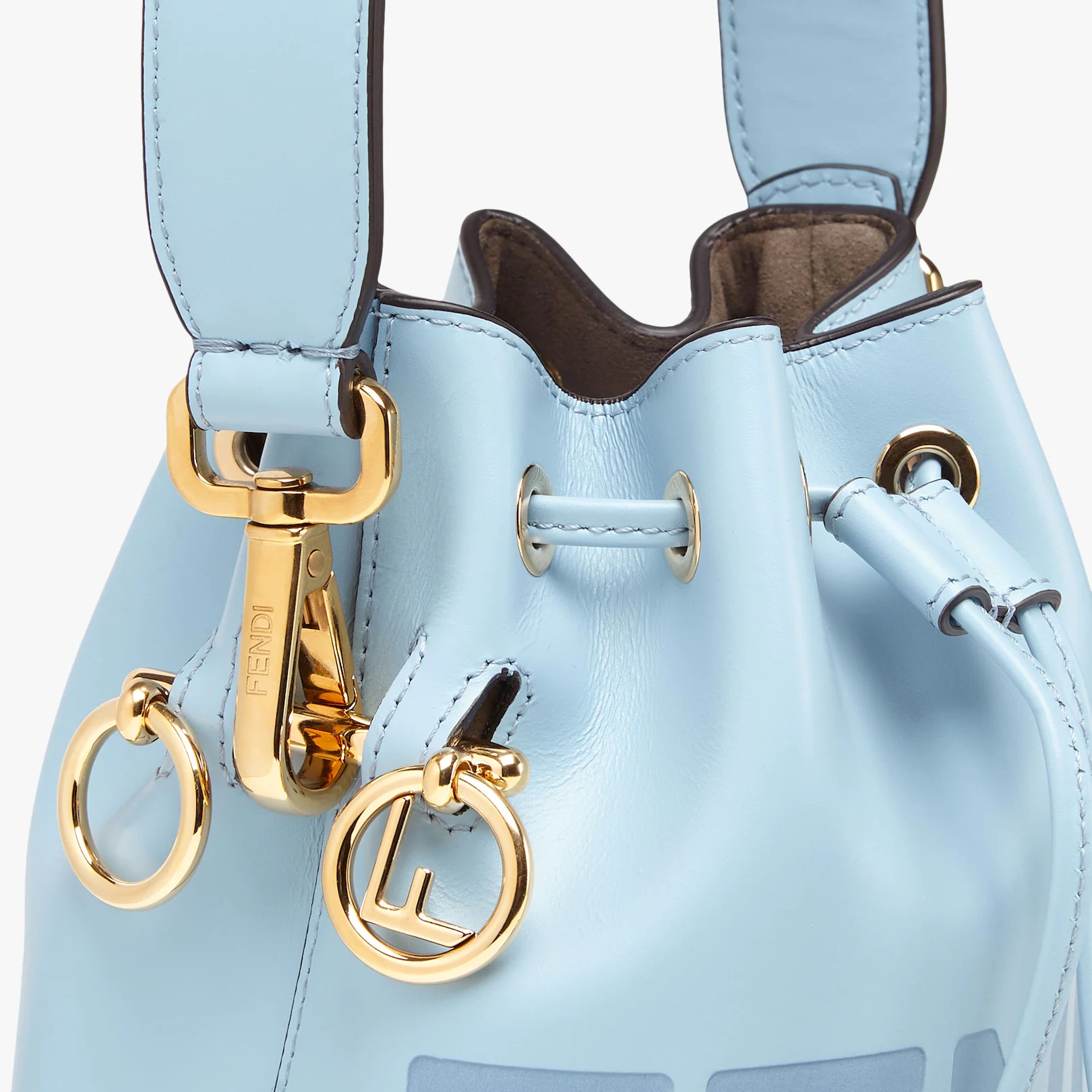 Small Mon Tresor bucket bag in light blue leather, with FENDI ROMA lettering print. Lined interior a - 5