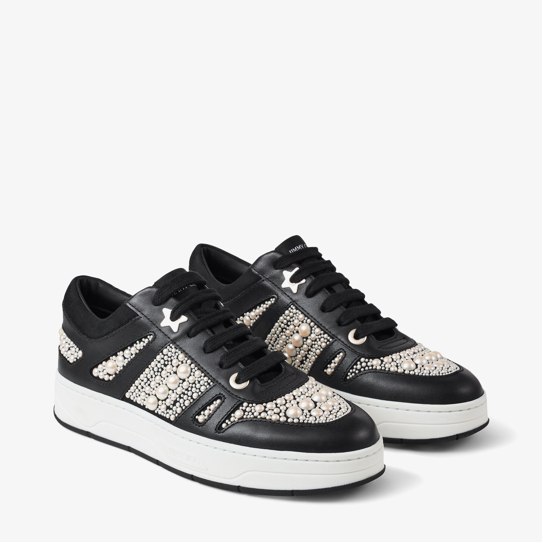 Hawaii/F
Black Calf Leather and Canvas Low Top Trainers with Pearl Embellishment - 2