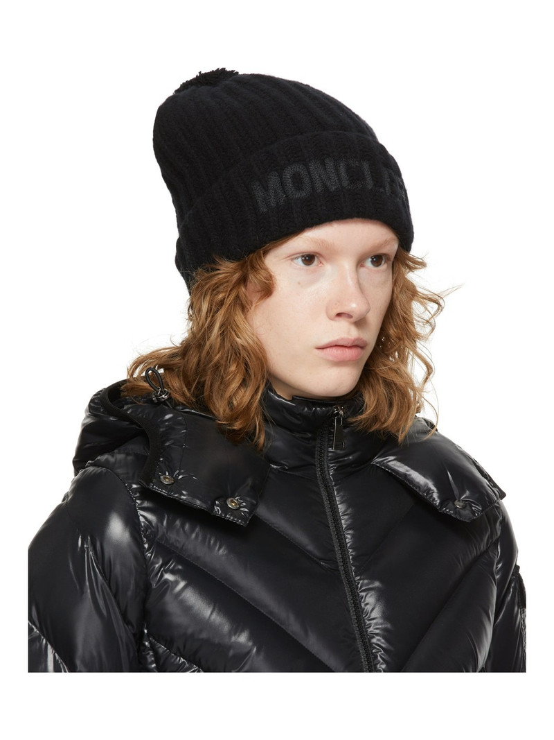 Moncler Black Wool Pom Pom Logo Beanie outlook