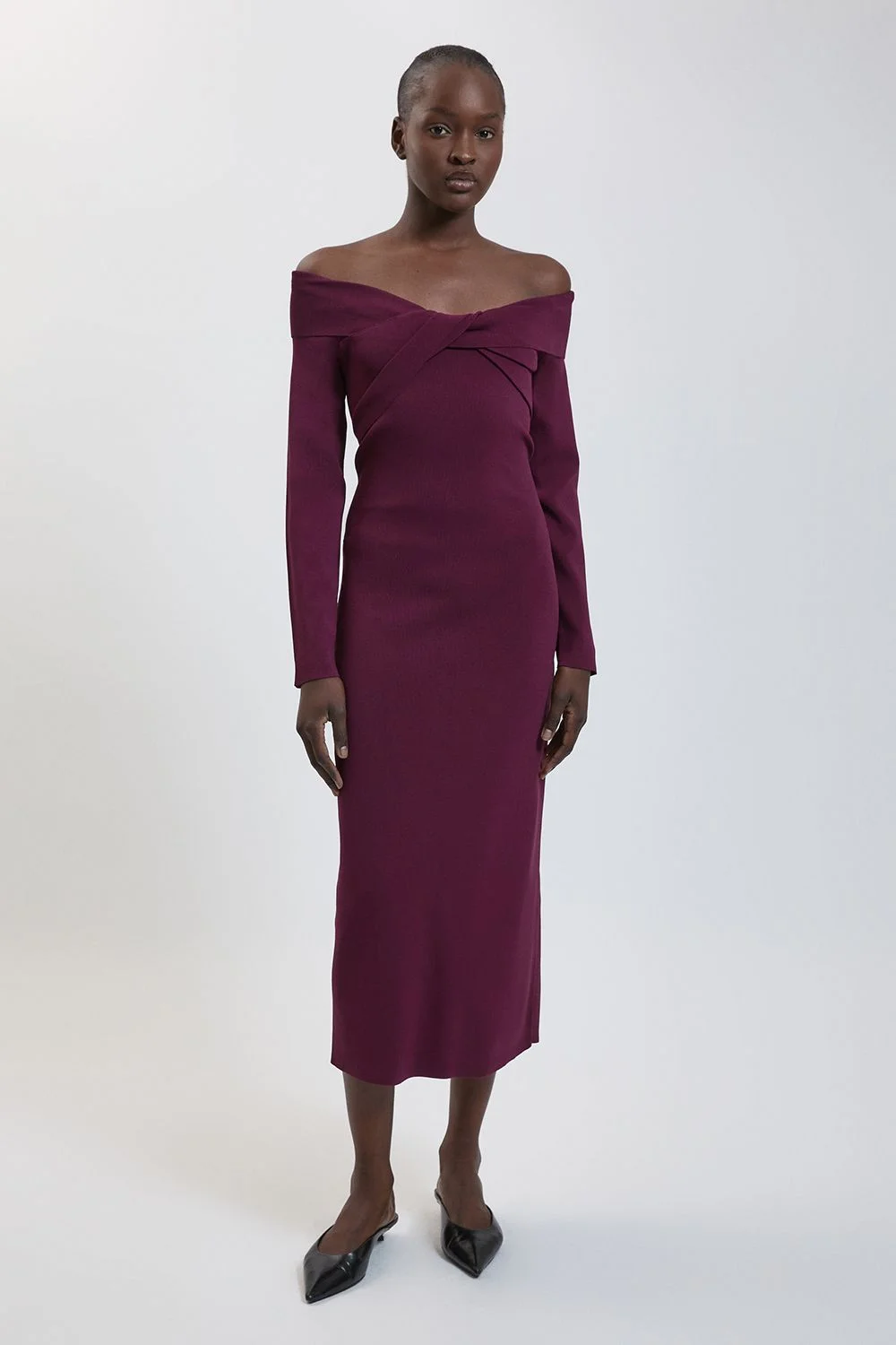 Petite Twist Front Viscose Knitted Bardot Midi Dress - 1