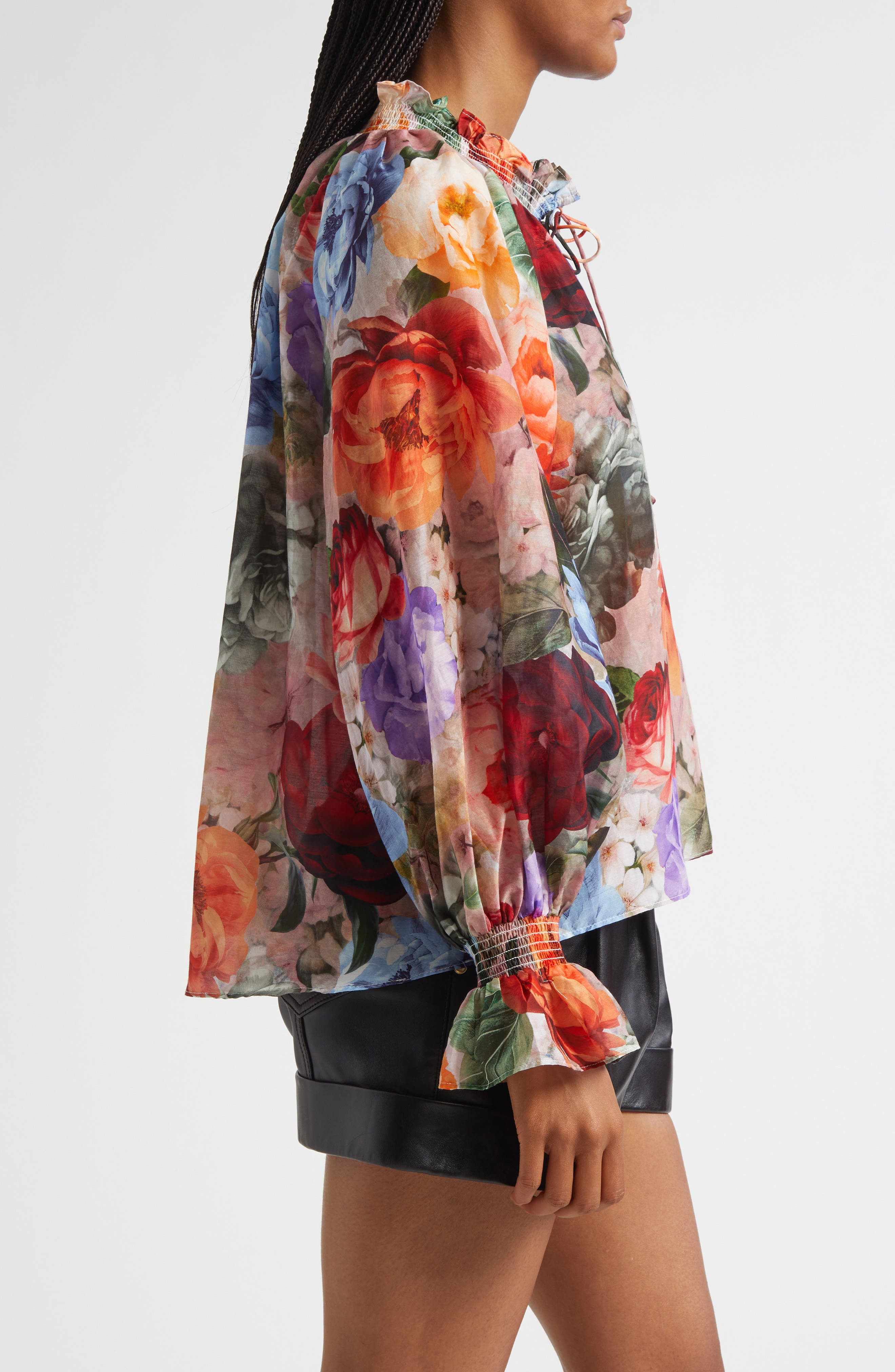Alice + Olivia Norah Ruffle Cotton & Silk Peasant Top in Storm Floral at Nordstrom - 3