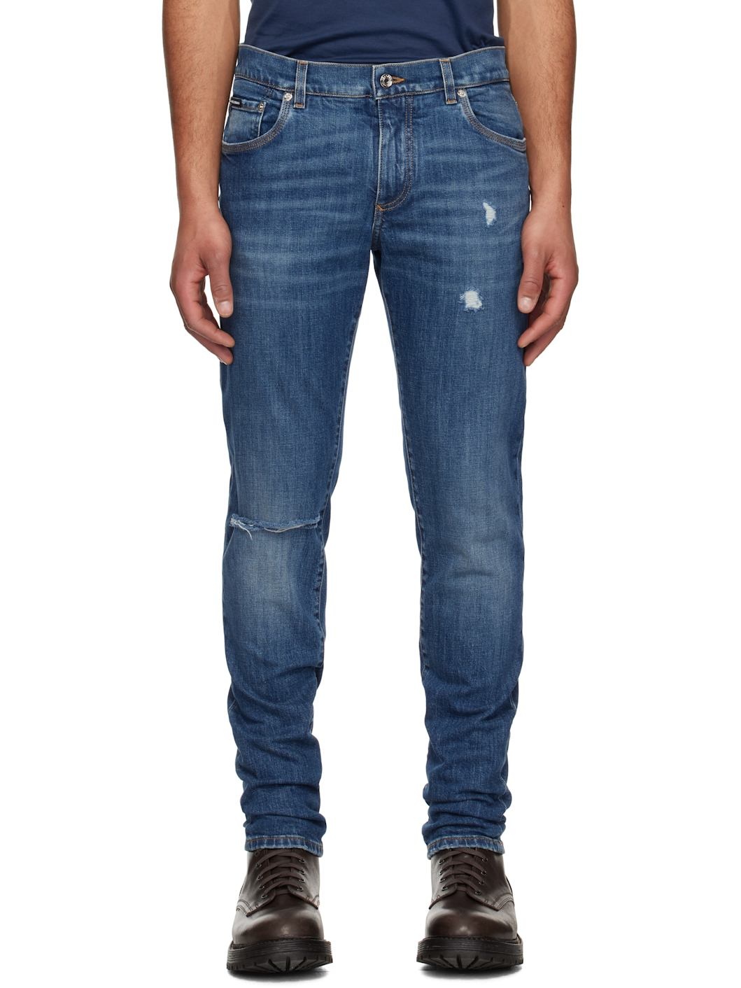 Navy Slim-Fit Stretch Cotton Logo Embroidery Jeans - 1