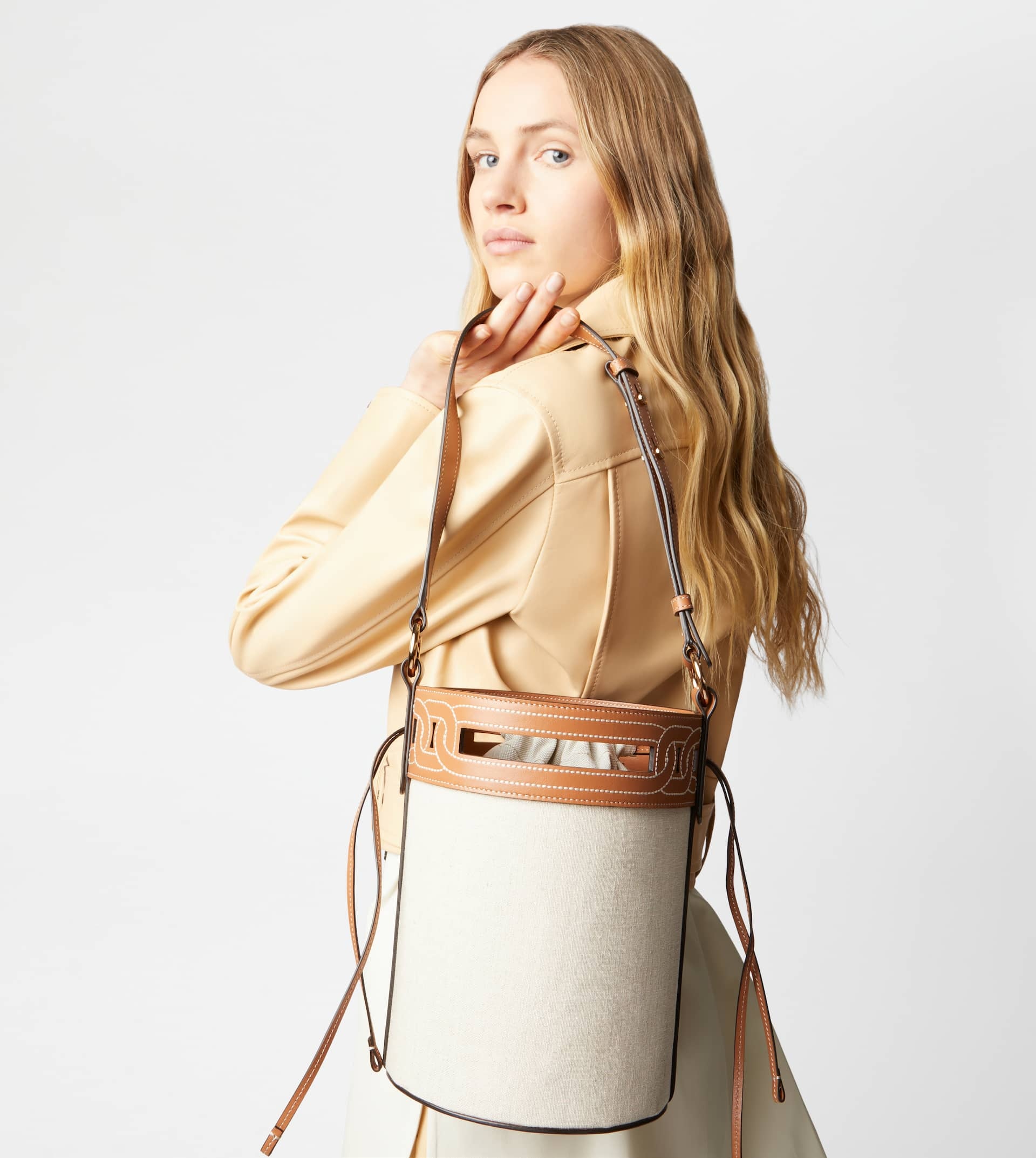TOD'S KATE BUCKET BAG IN LEATHER AND CANVAS SMALL - BEIGE, BROWN - 3