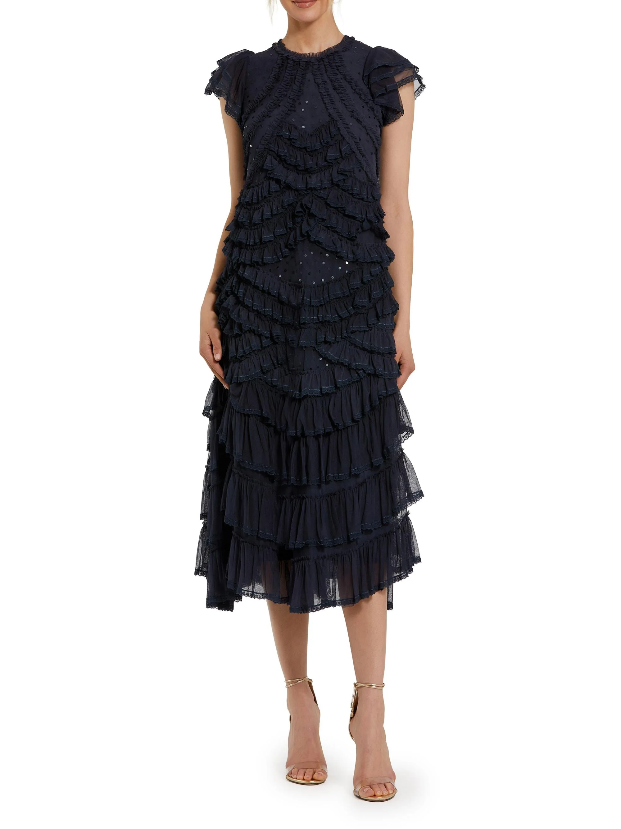 Women's High Neck Mesh Ruffle Midi-Dress - Navy - 1