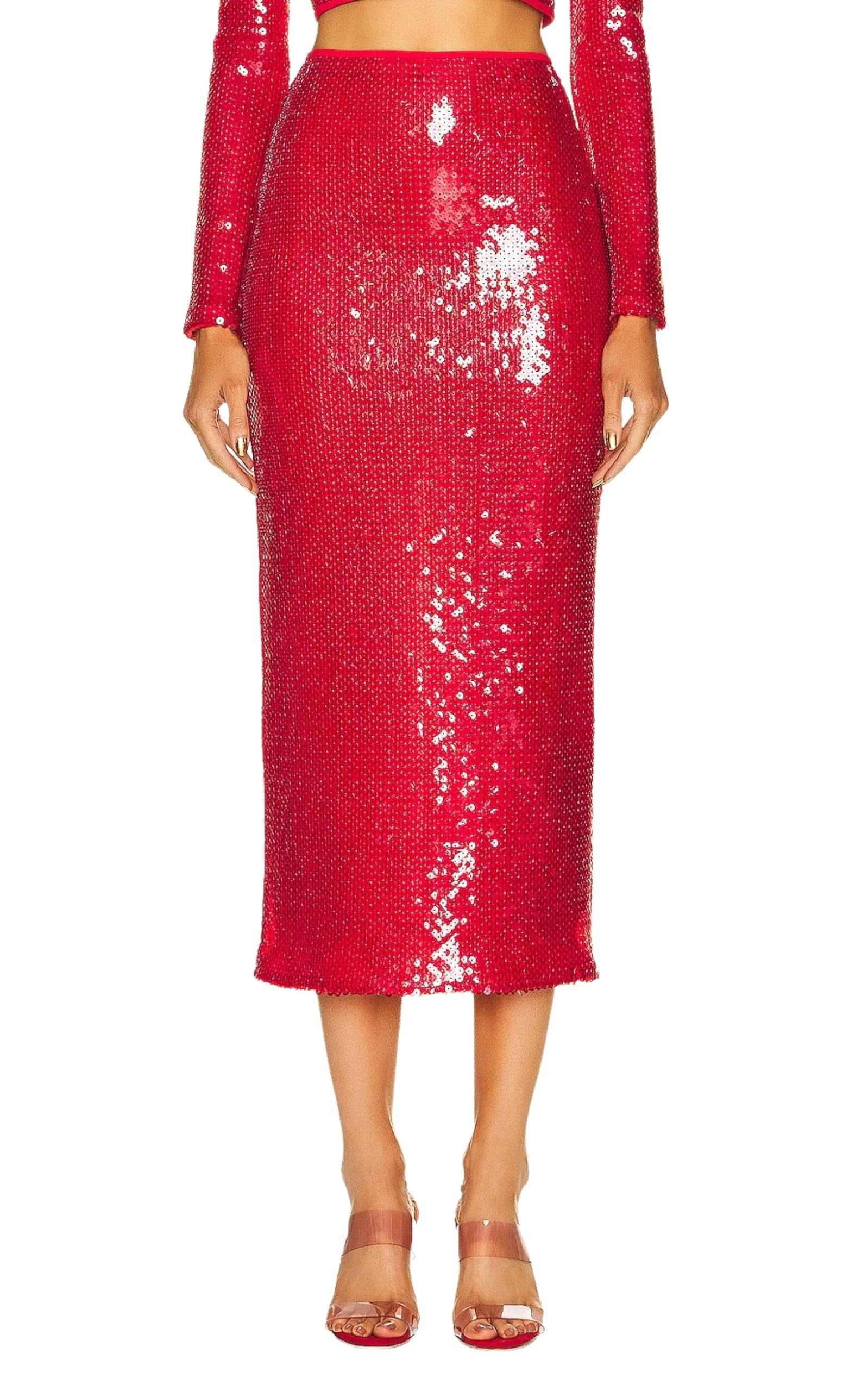 Red Sequinned Midi Skirt - 5