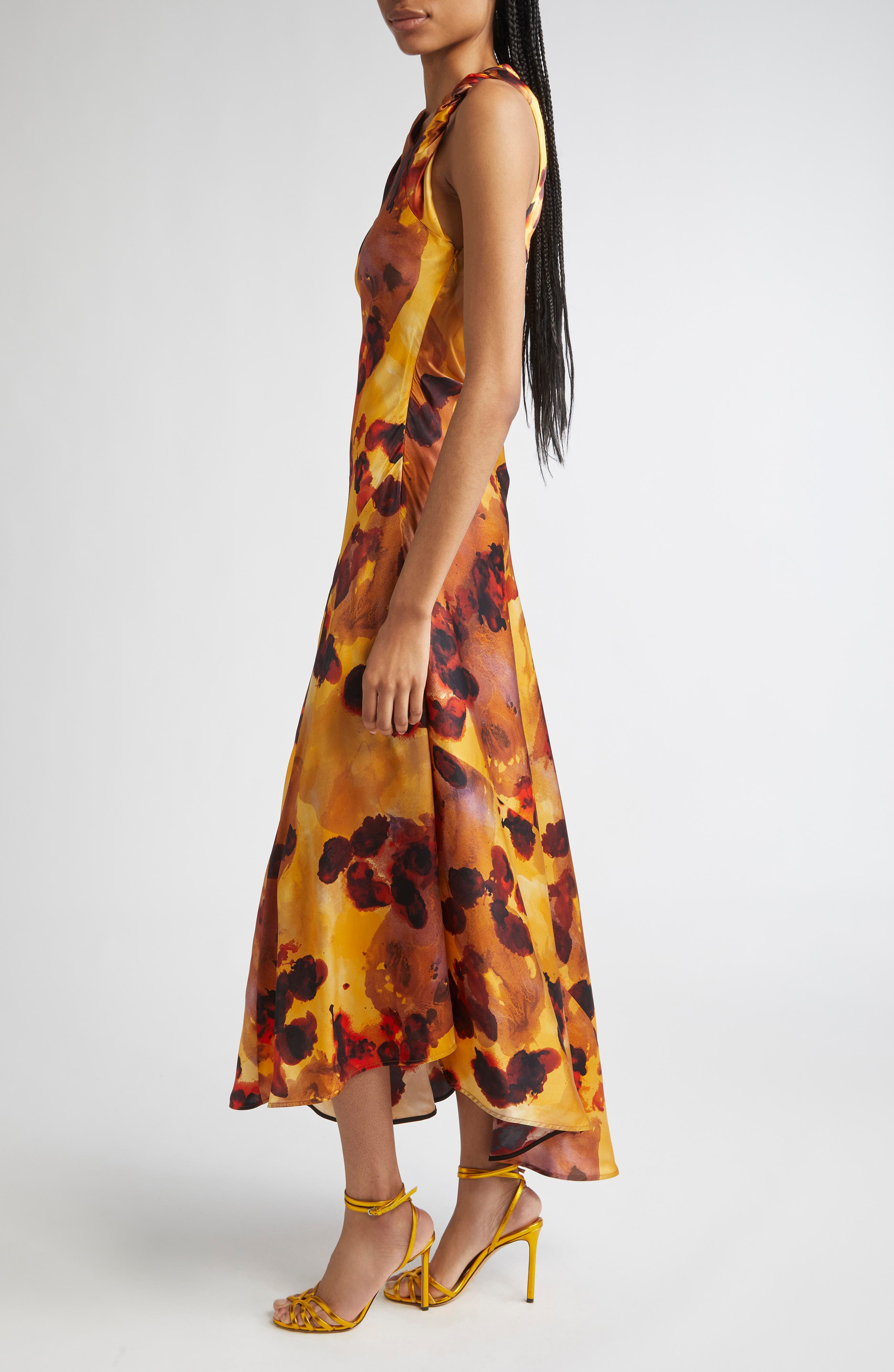 Victoria Beckham Abstract Floral Asymmetric Silk Midi Dress in Amber at Nordstrom - 3