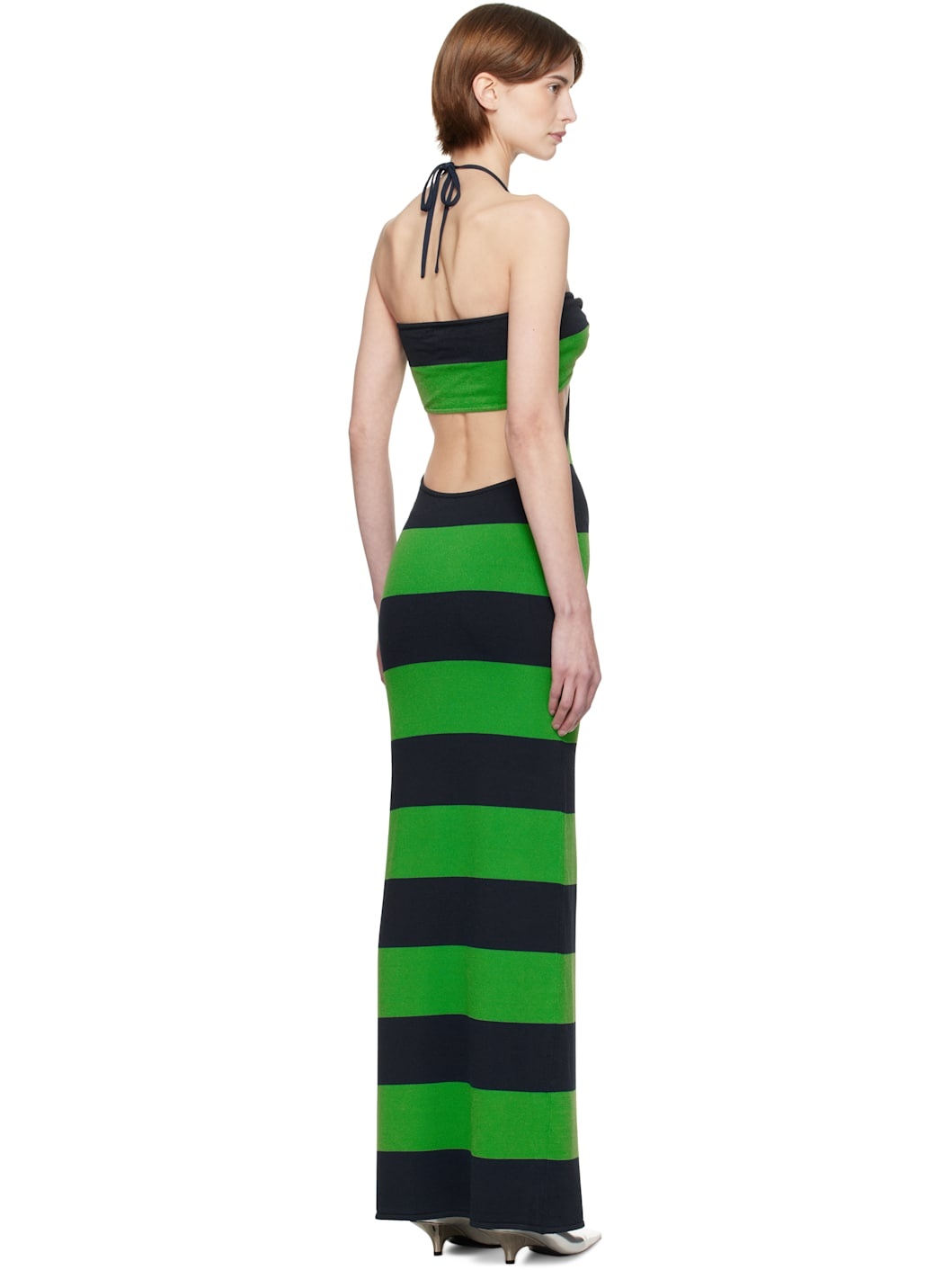 Green & Navy Knitted Striped Halter Maxi Dress - 3