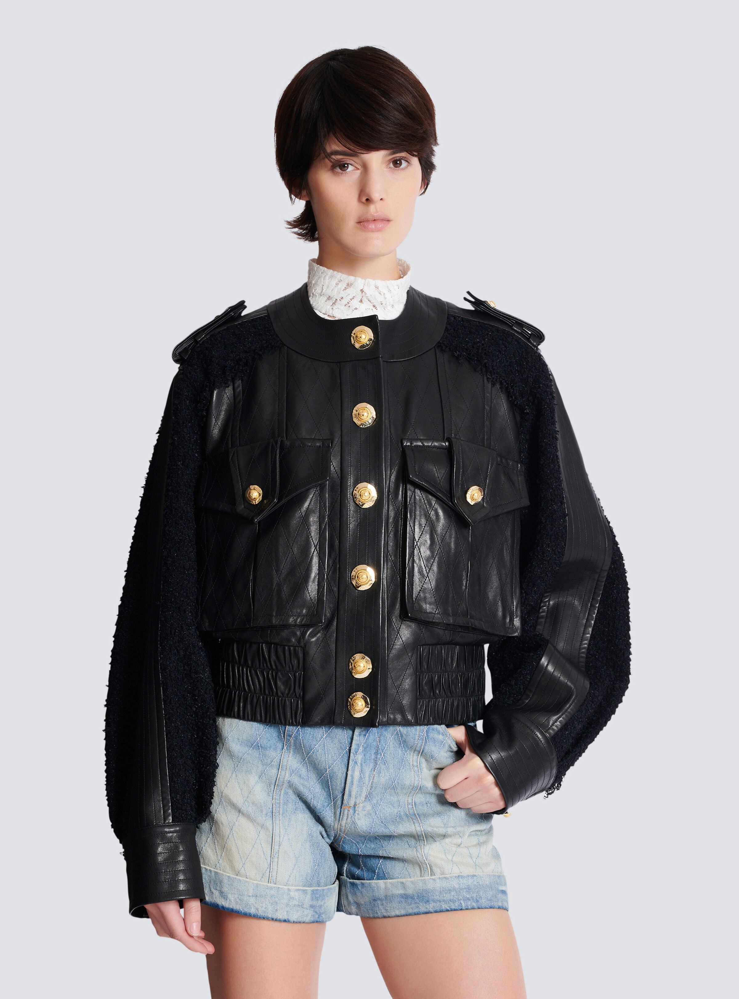 Tweed and leather bomber jacket - 6
