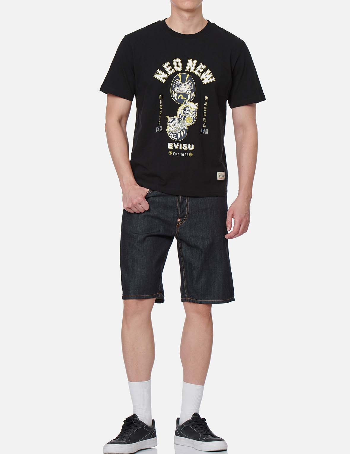 DARUMA BUDDIES PATTERN DAICOCK PRINT DENIM SHORTS - 6