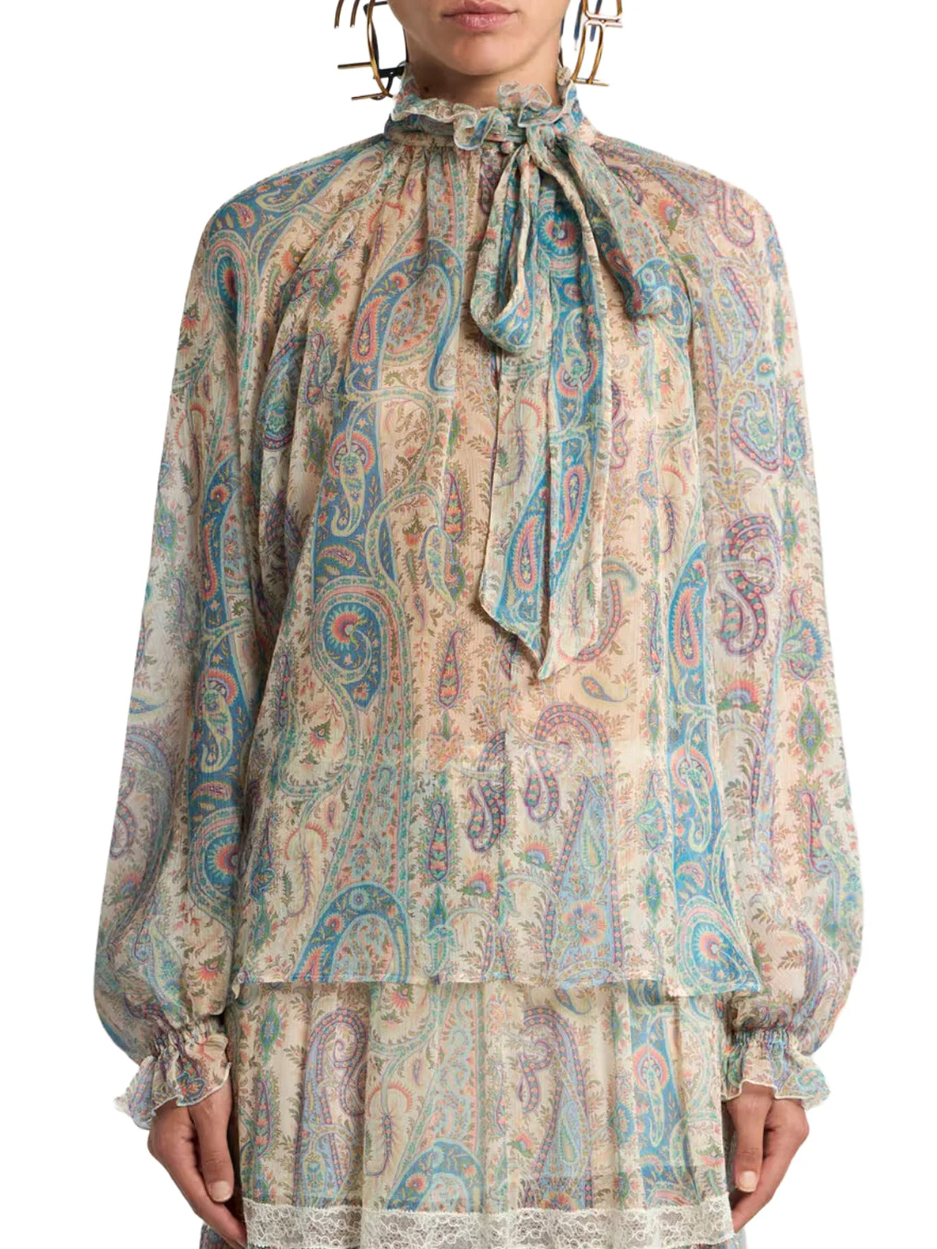 SILK CREPON BLOUSE WITH SCARF AND PAISLEY FOLIAGE MOTIF - 1