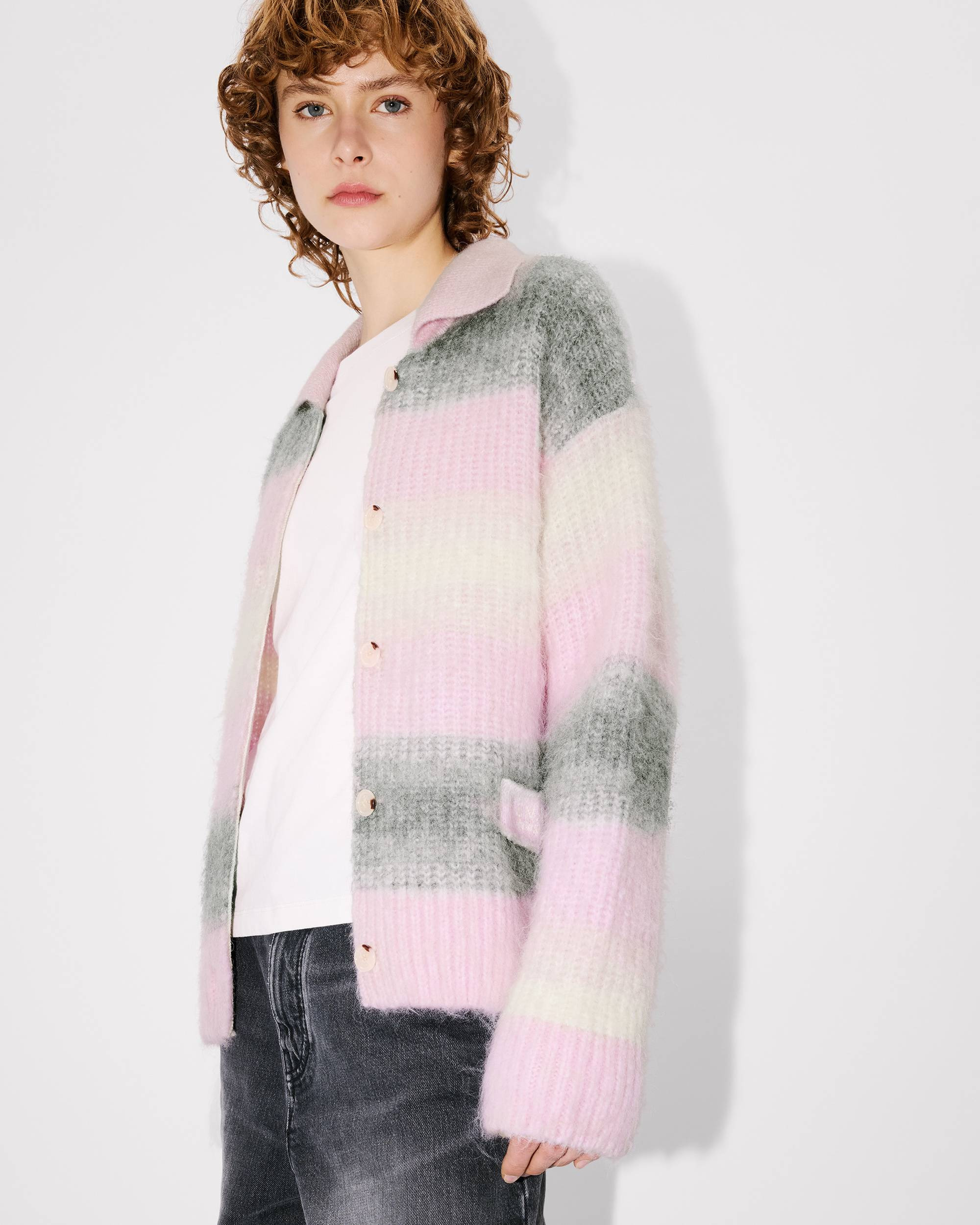 'KENZO Speed Stripe' hairy knitted cardigan in alpaca wool - 8