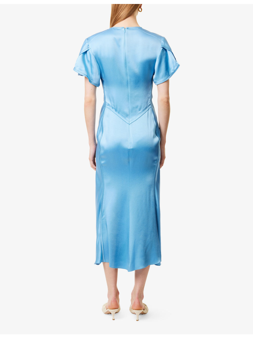 Draped Pleat V-Neck Satin Midi Dress - 4