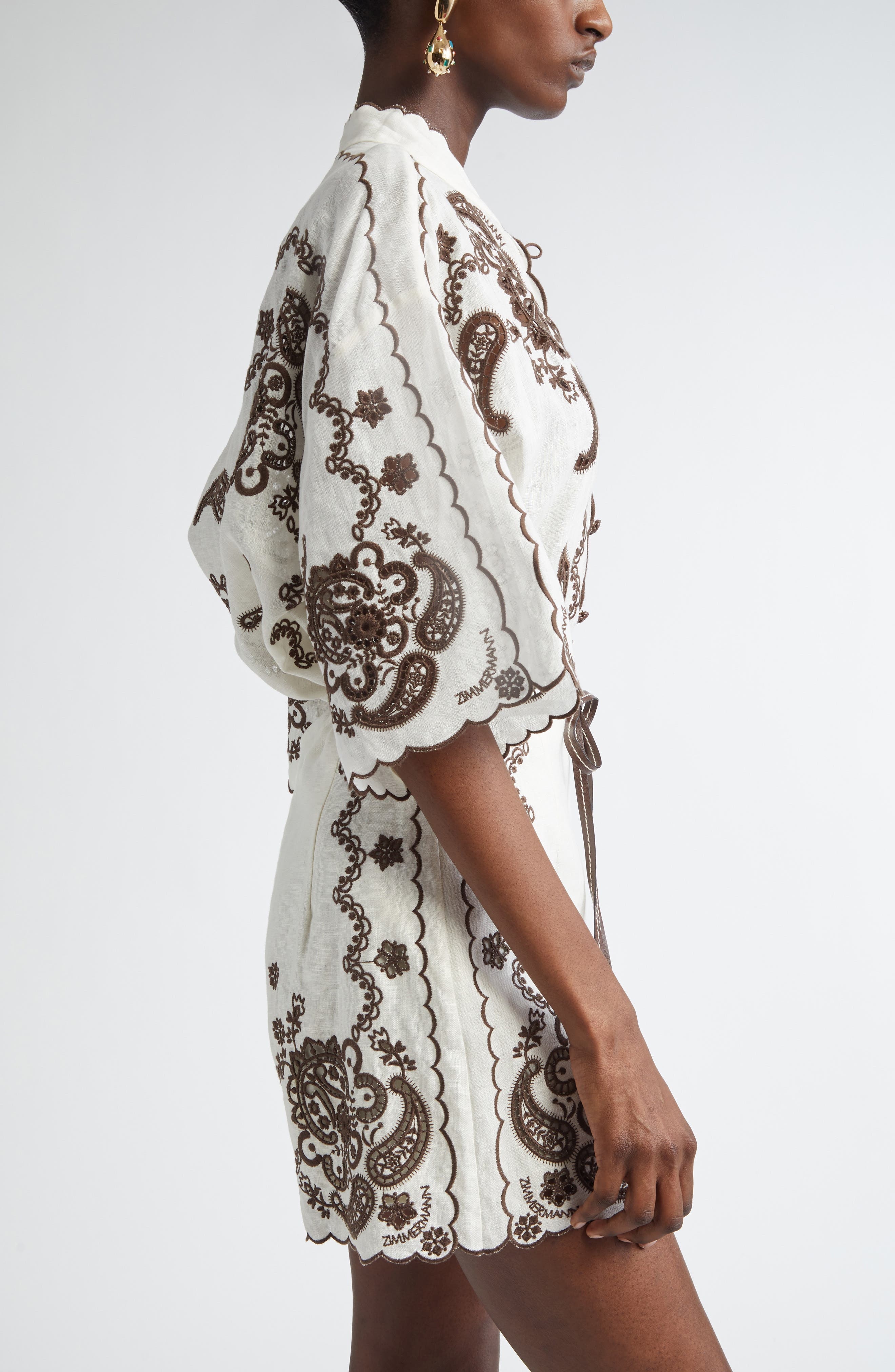 Zimmermann Ascension Embroidered Linen Shirt in Ivory/Chocolate at Nordstrom - 4