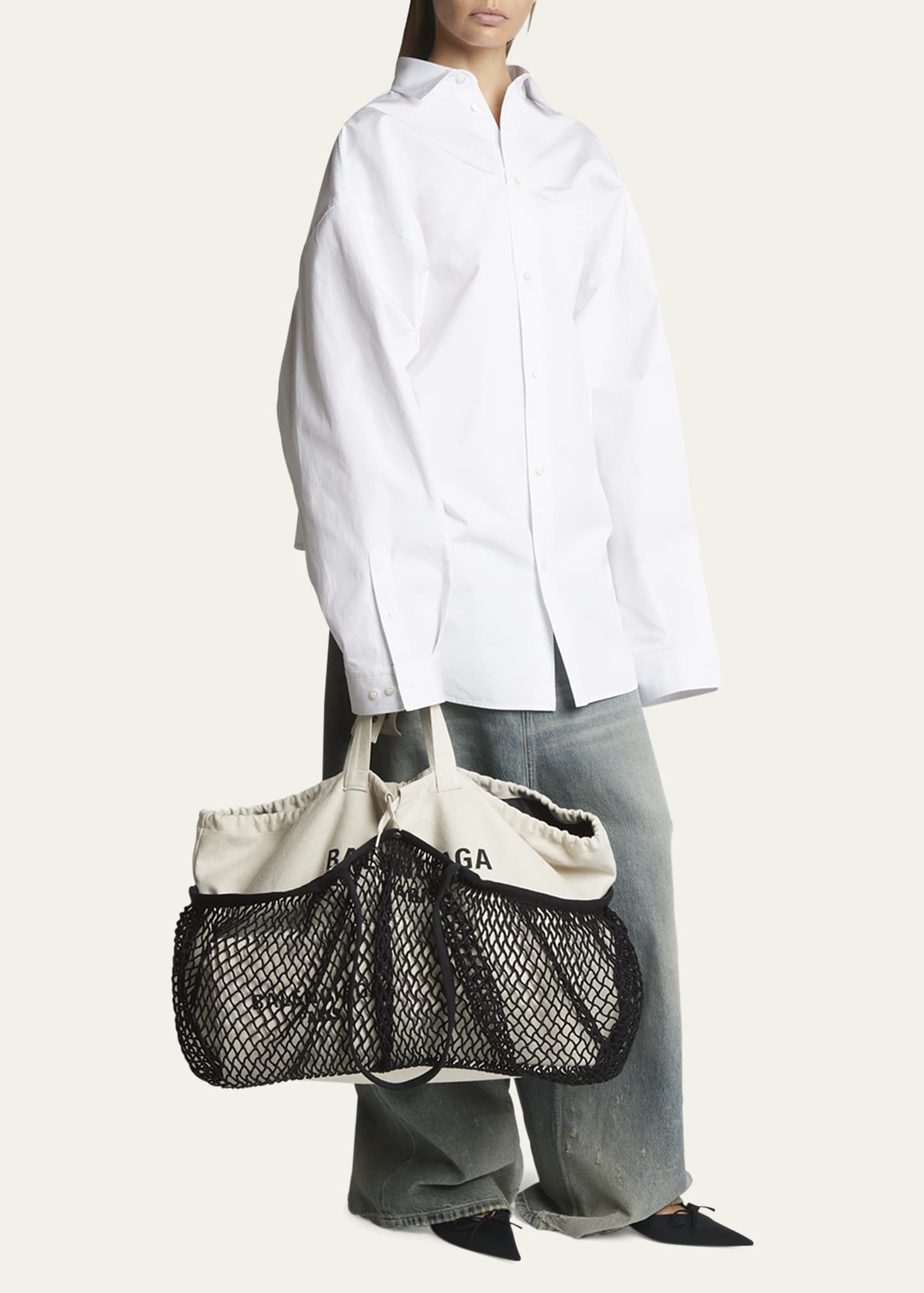 【Balenciaga】SALE!! 24/7 WASHED CANVAS/FISHNET TOTE BAG Balenciaga 24/7 Washed Canvas Cotton Fishnet Medium Tote