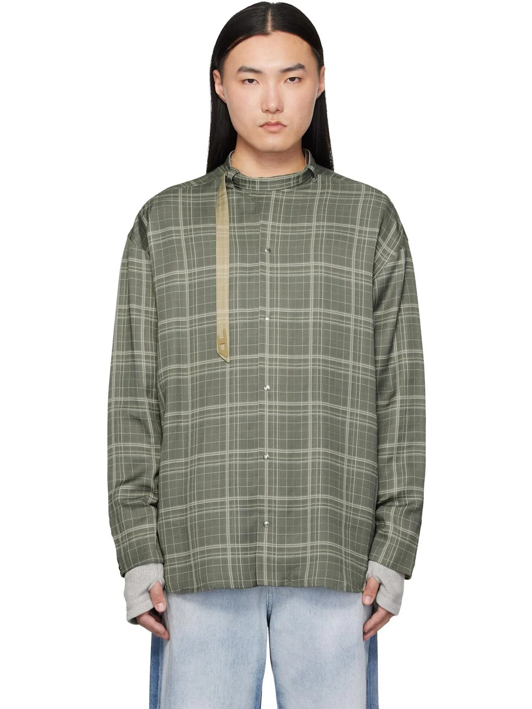 Gray Check-Satin Biker Details Shirt - 1