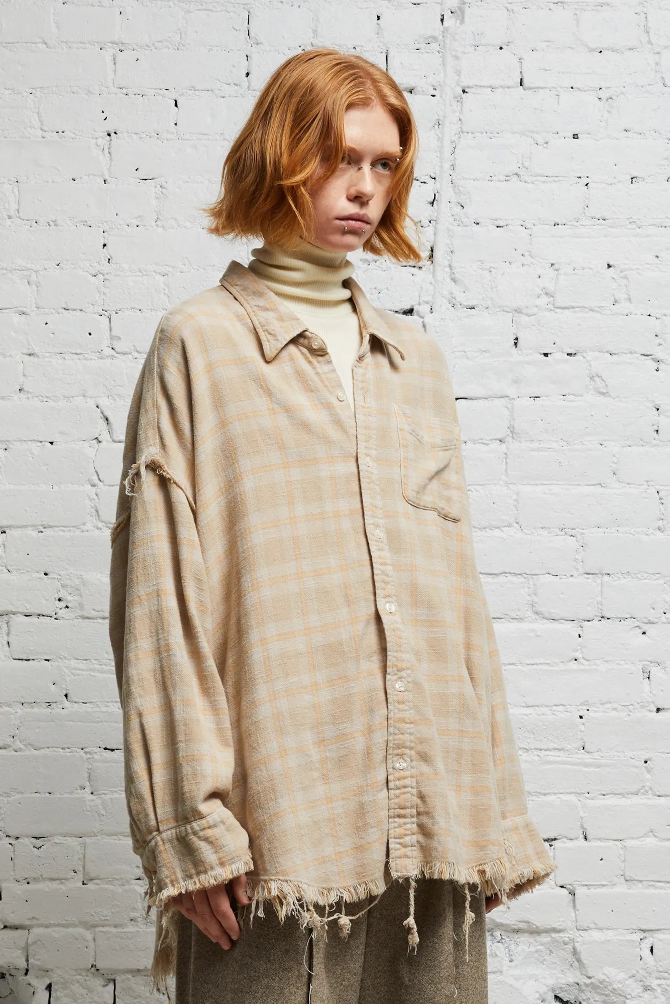 SHREDDED SEAM DROP NECK SHIRT - OVERDYED KHAKI PLAID - 3