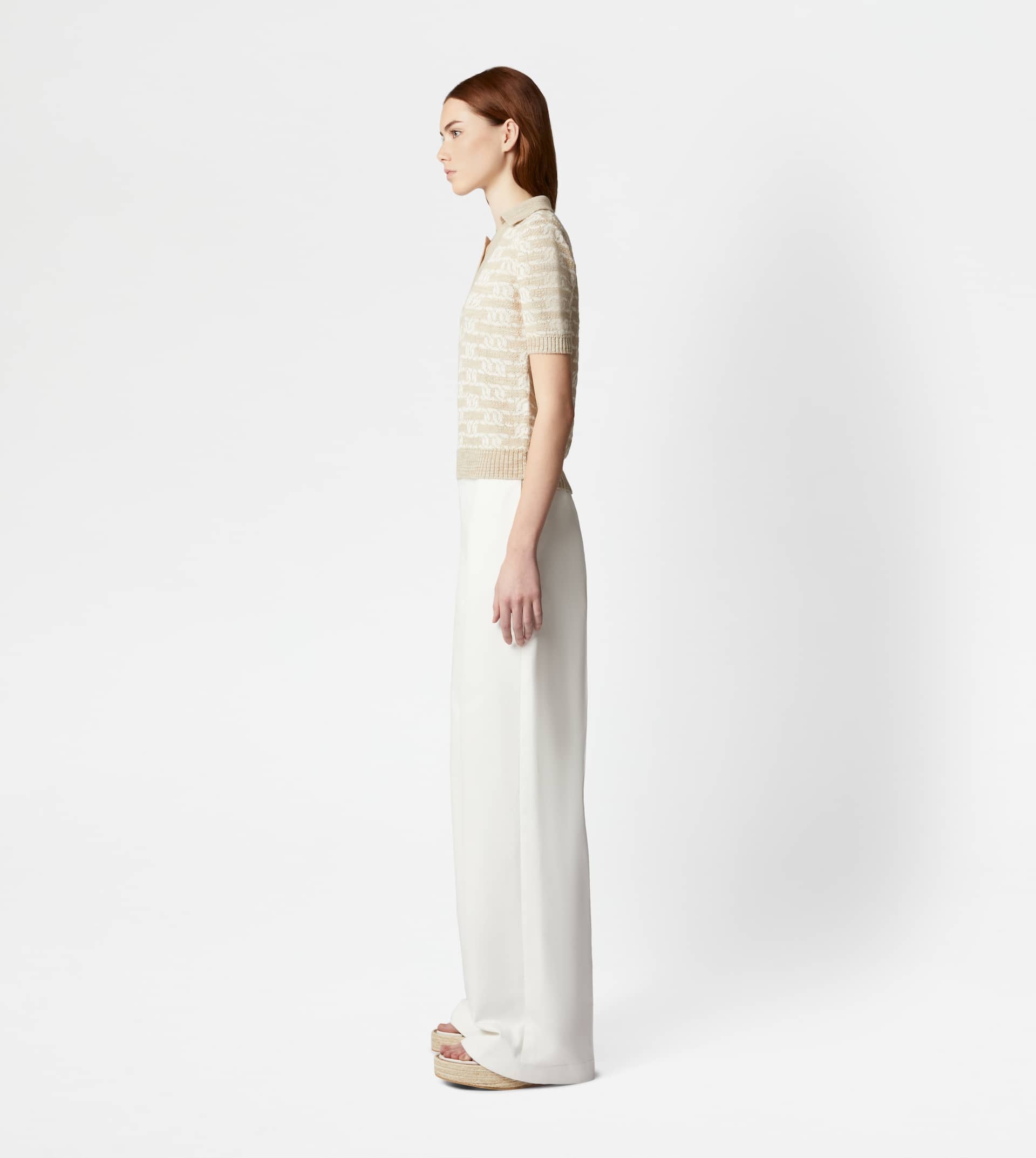 SHORT-SLEEVED KNIT POLO SHIRT - BEIGE, WHITE - 4