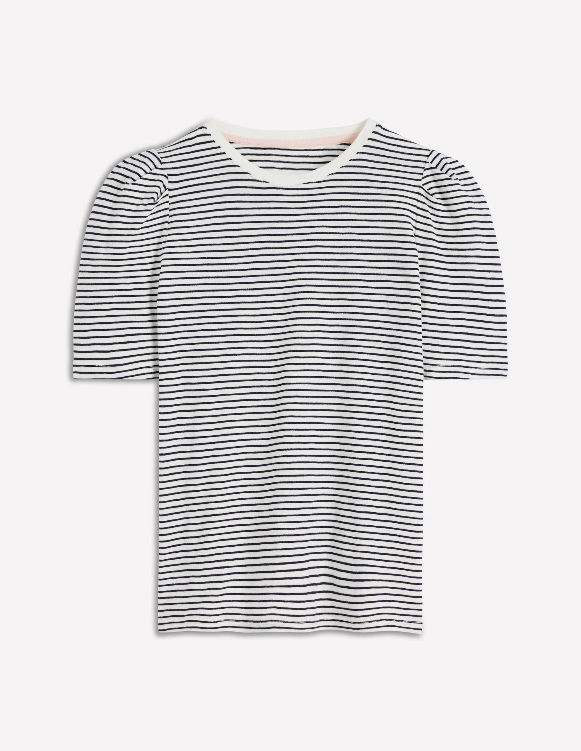Sophie Puff Sleeve T-shirt-Navy and Ivory Stripe - 1