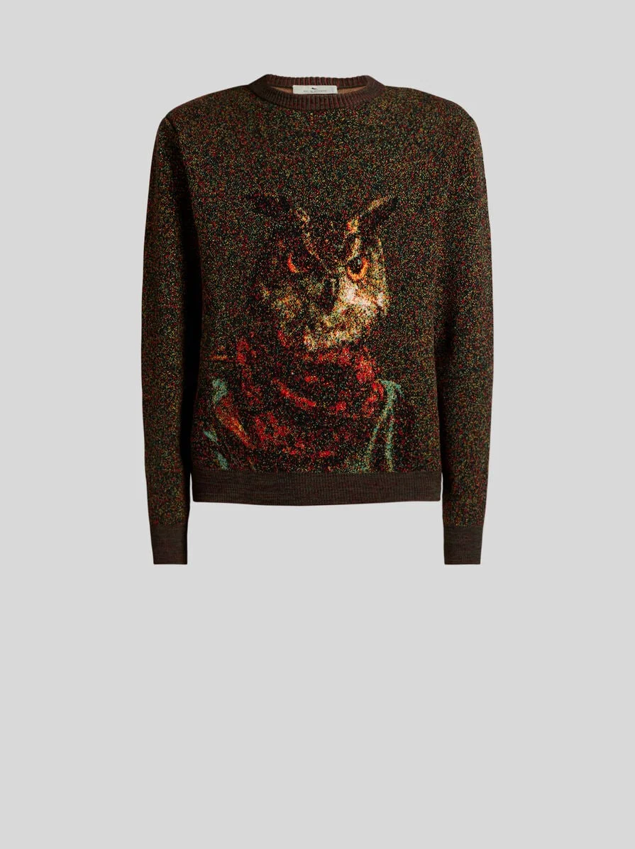 PIXEL-EFFECT JACQUARD SWEATER WITH OWL MOTIF - 1