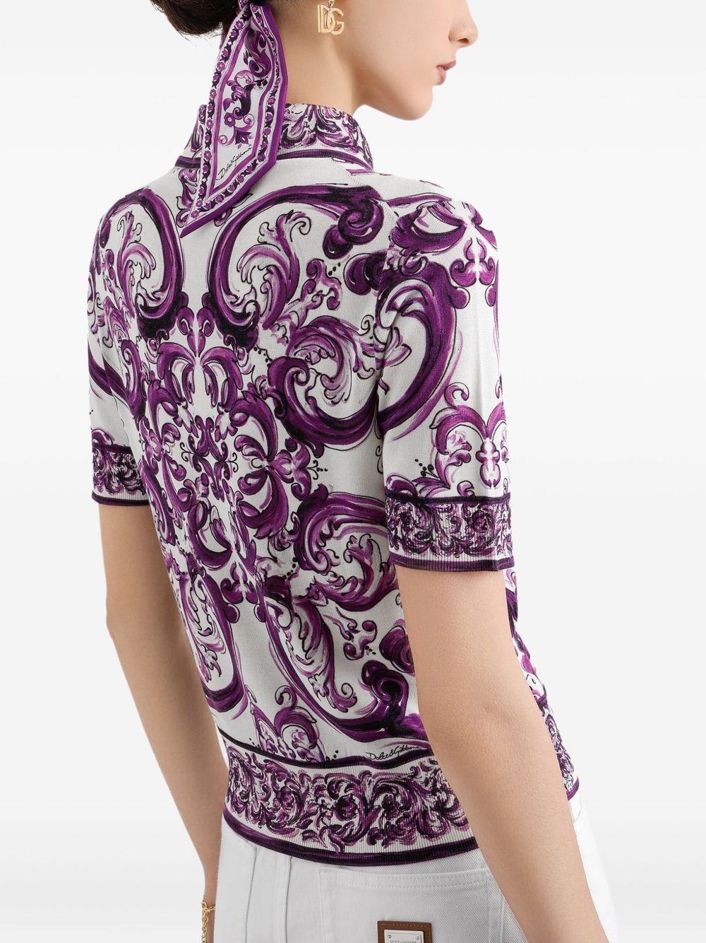 Majolica-print silk polo top - 5