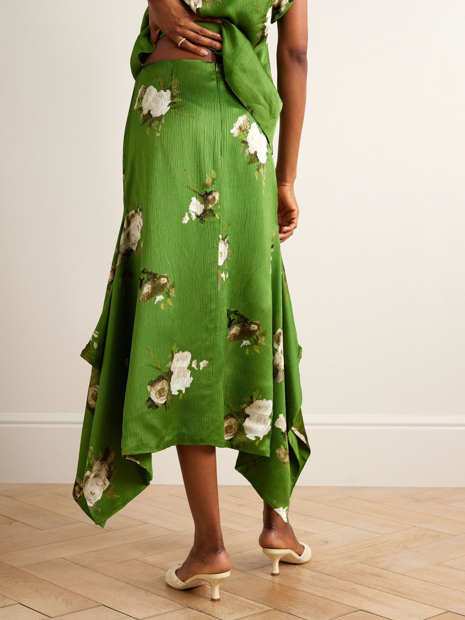 Draped floral-print crepon midi skirt Green - 3