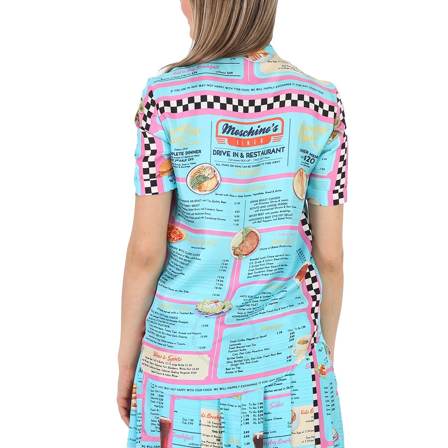 Moschino All-Over Diner Menu Print Short Sleeve Silk Blouse - 5