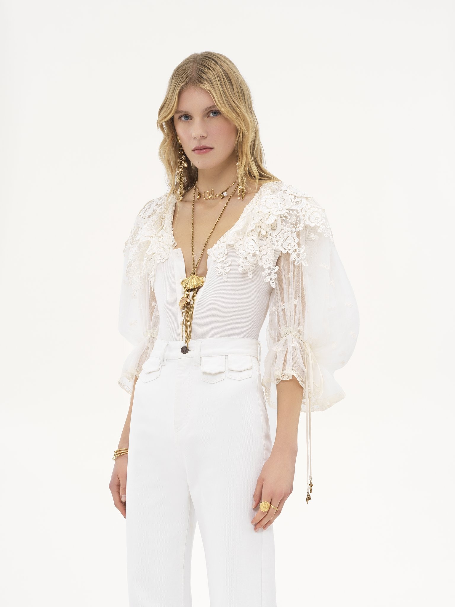 PUFF-SLEEVE BODYSUIT IN GUIPURE LACE COTTON MIX - 4