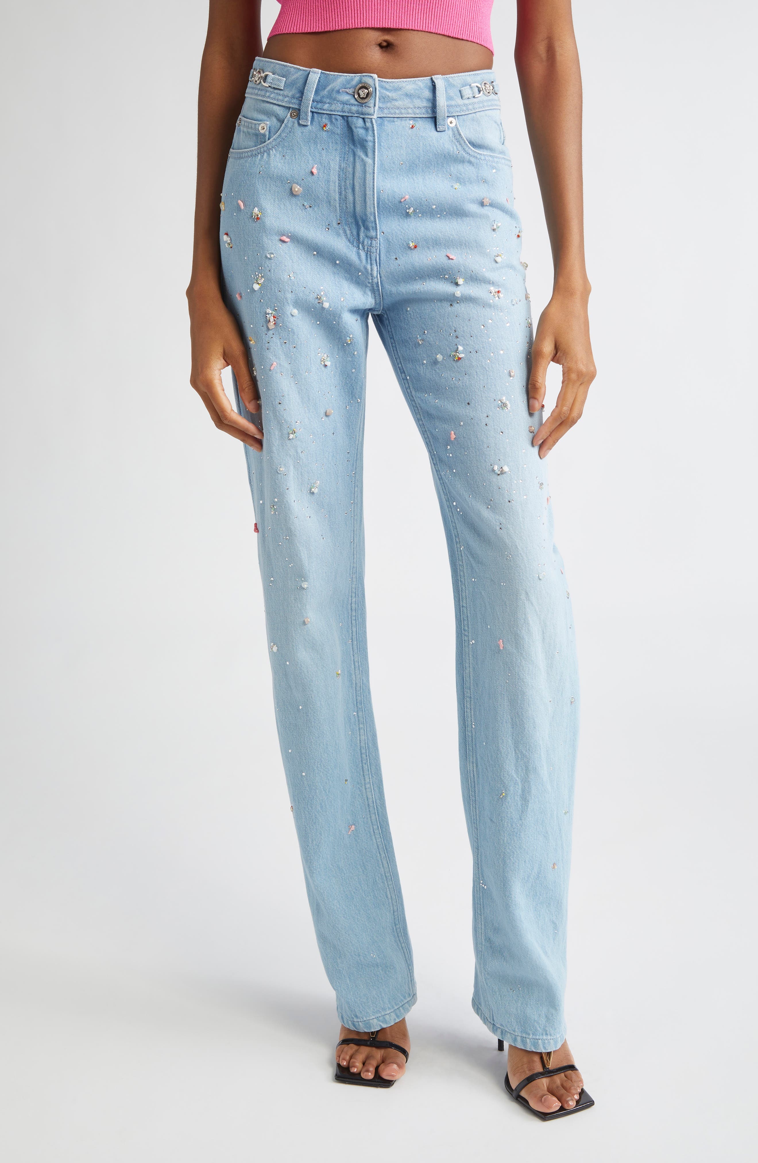 Versace Embellished Straight Leg Jeans in Light Blue at Nordstrom - 1