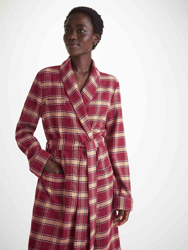 Derek Rose Women's Long Robe Kelburn 48 Brushed Cotton Burgundy outlook