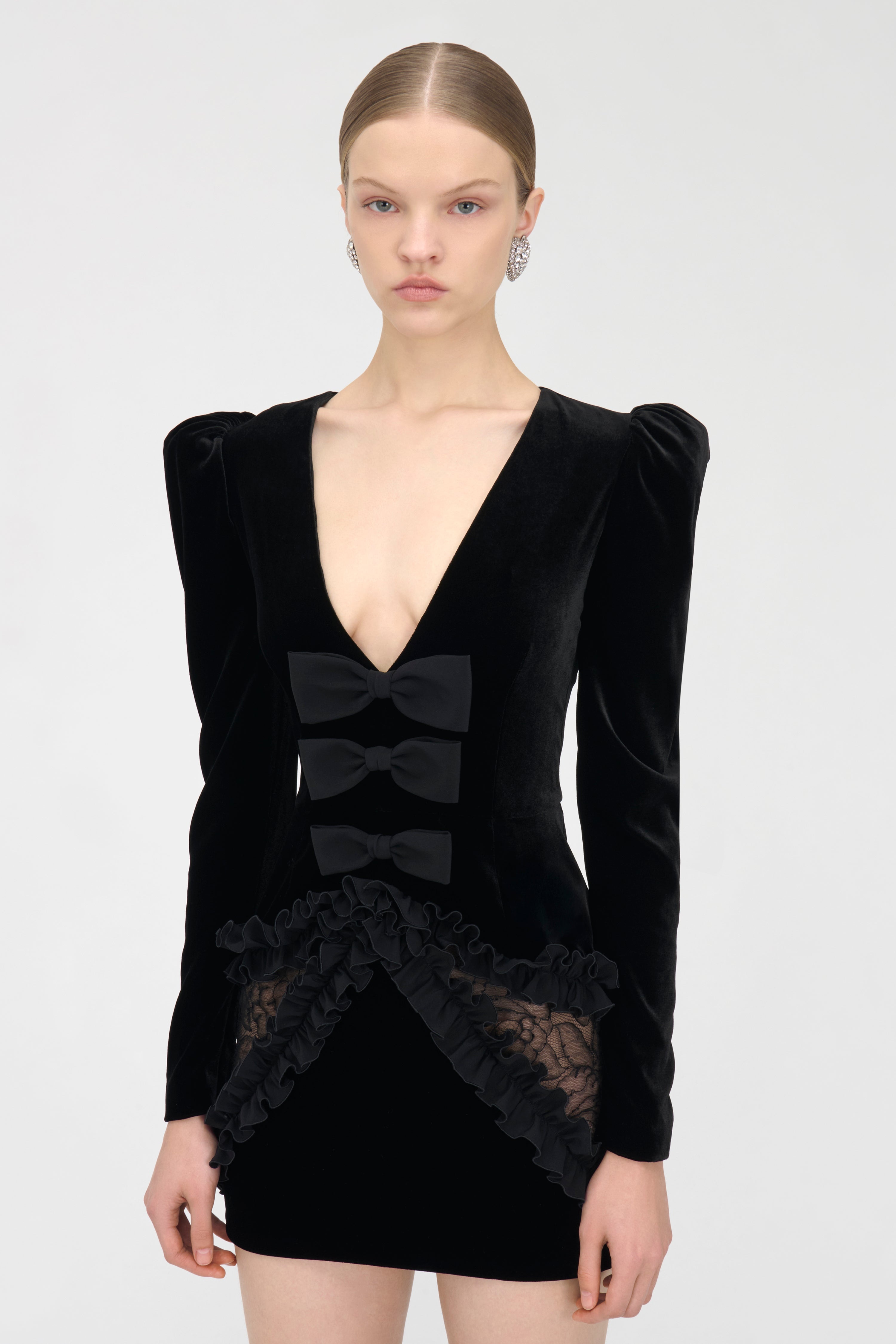 VELVET AND LACE MINI DRESS - 5