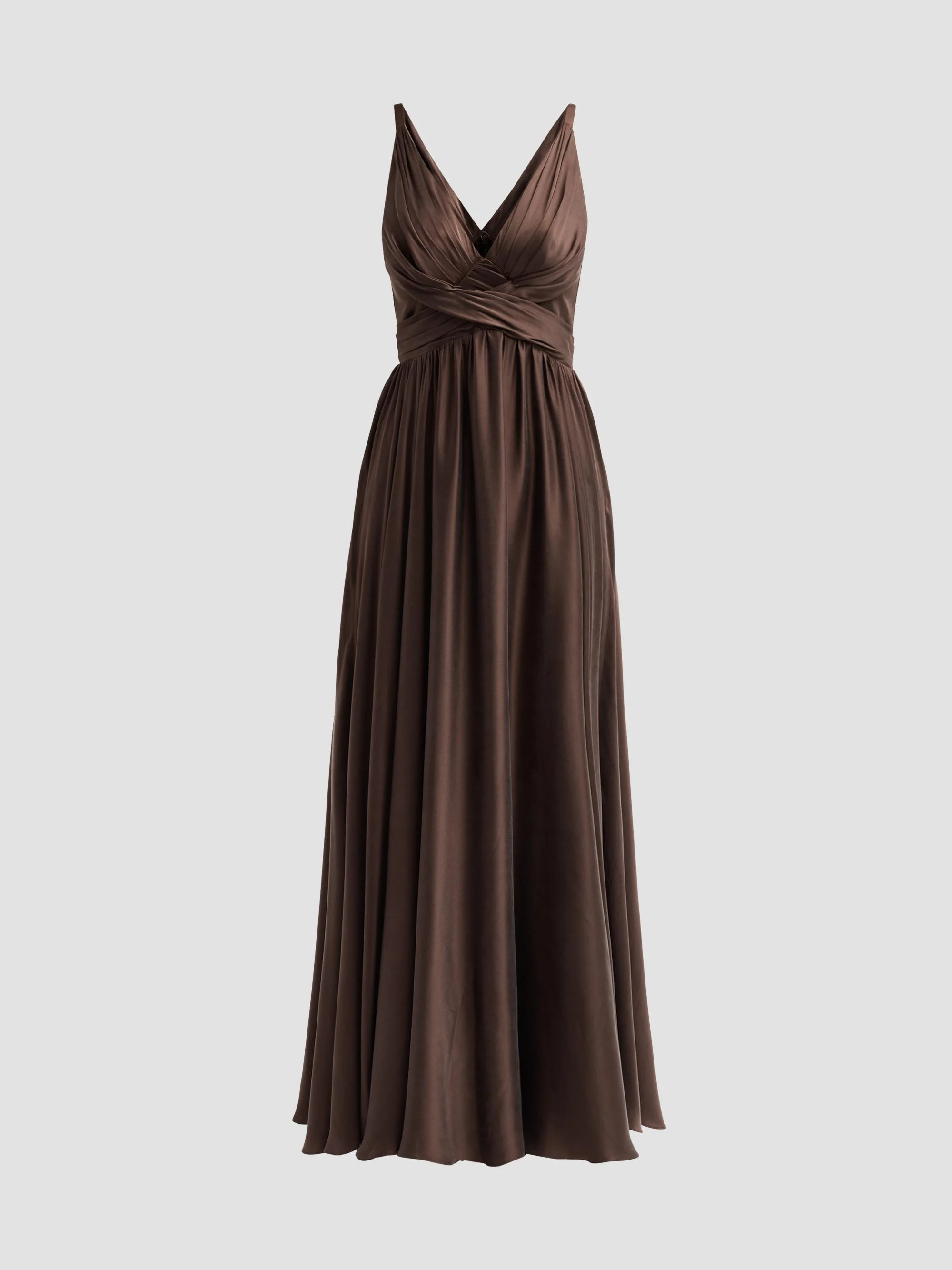 Women's Draped Silk Maxi Dress - Bitter Chocolate - 1