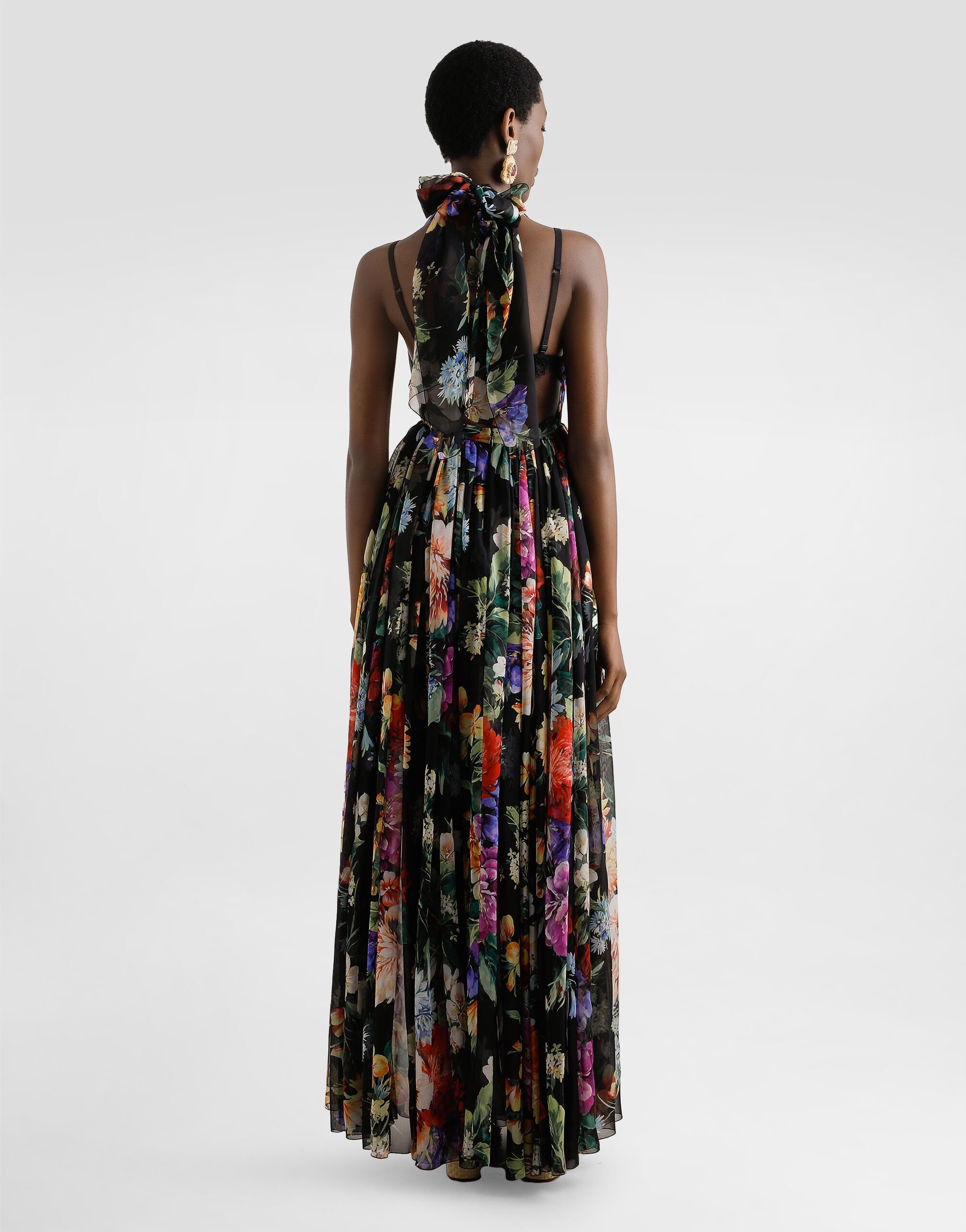 Flower bouquet-print long chiffon dress - 3
