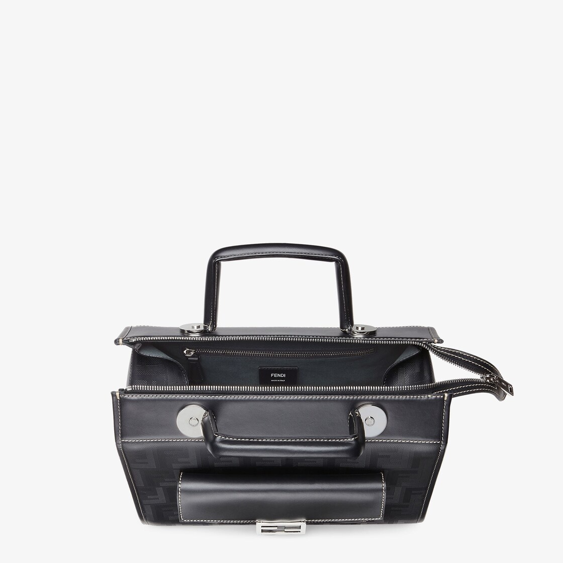 Structured-design Boston bag with zip fastening made of black leather with striped texture FF motif  - 4