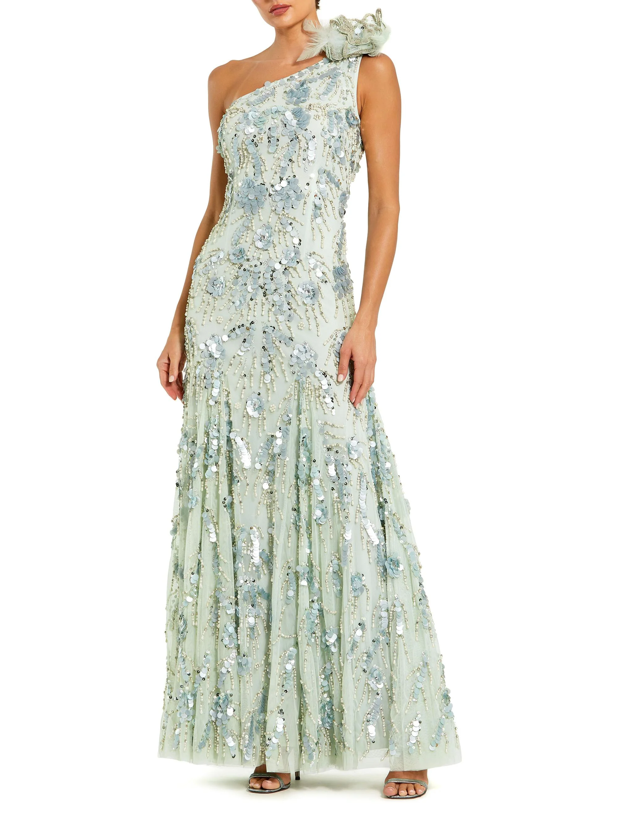 Women's Evening Embellished Mesh One-Shoulder Trumpet Gown - Sage - 1