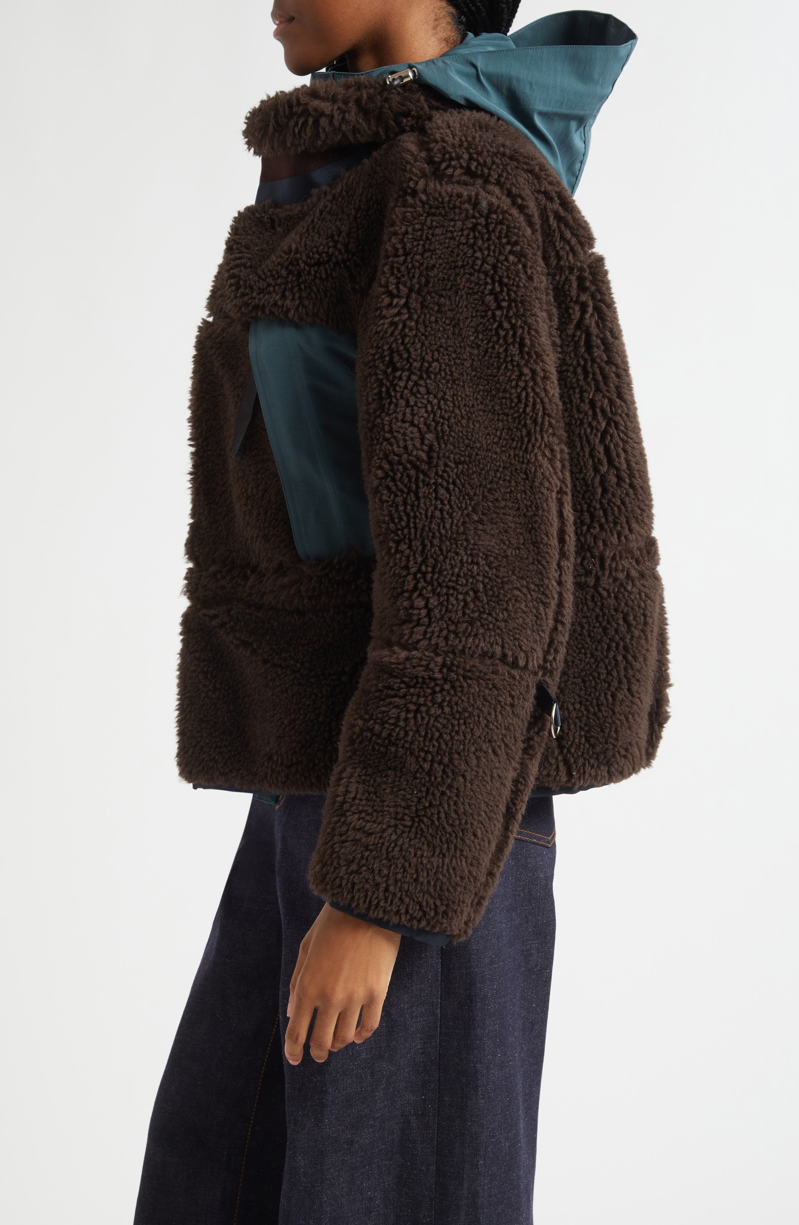 Sacai Mixed Media Faux Shearling Jacket in Brown/Green at Nordstrom - 4