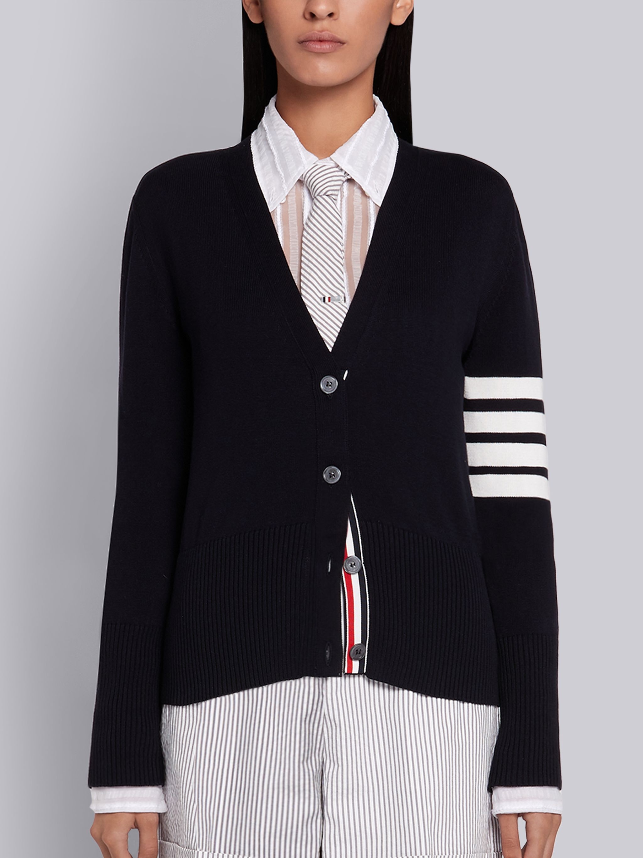 Navy Cotton Crepe Hector Icon Intarsia V-Neck Cardigan - 1