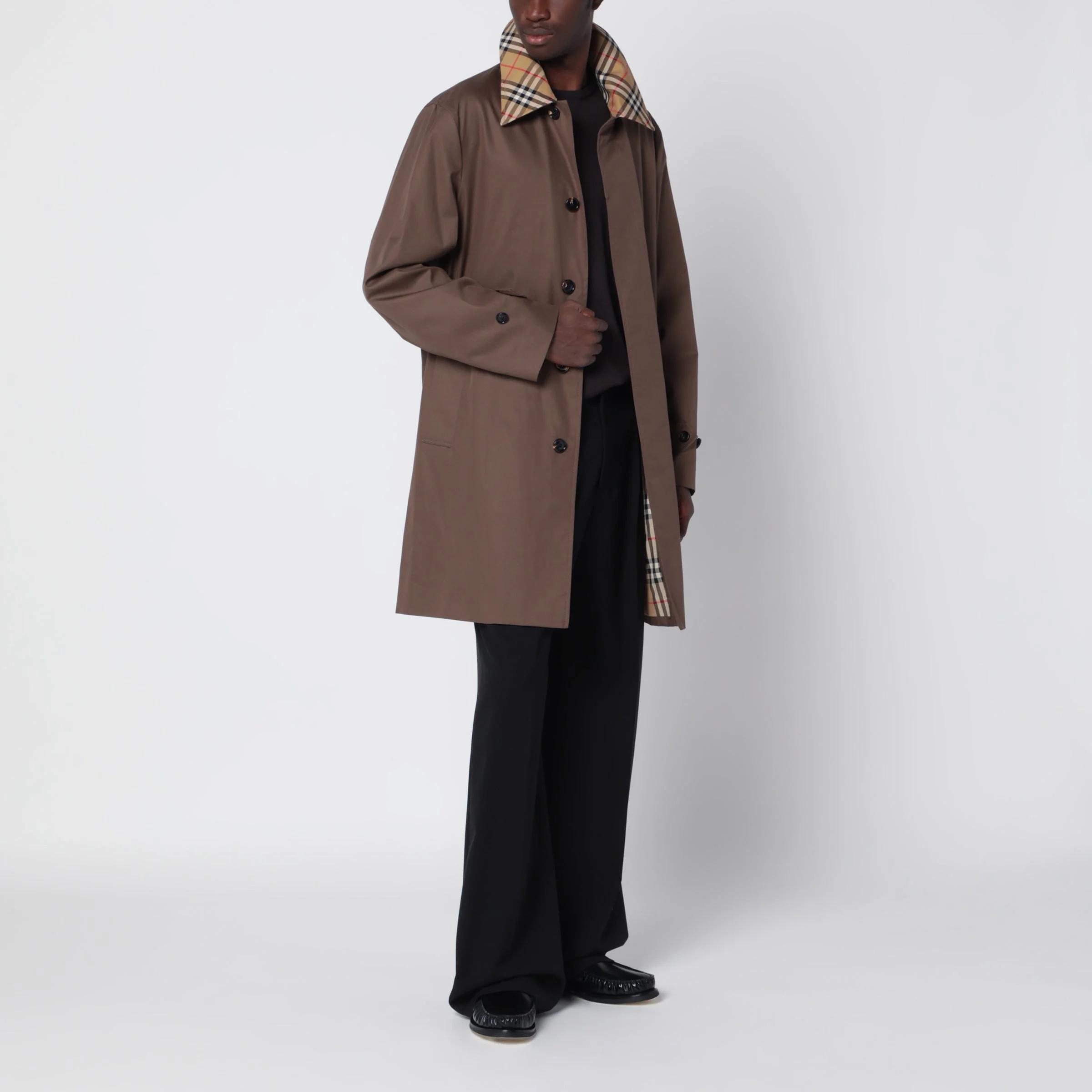 Brown cotton trench coat with Check collar - 1