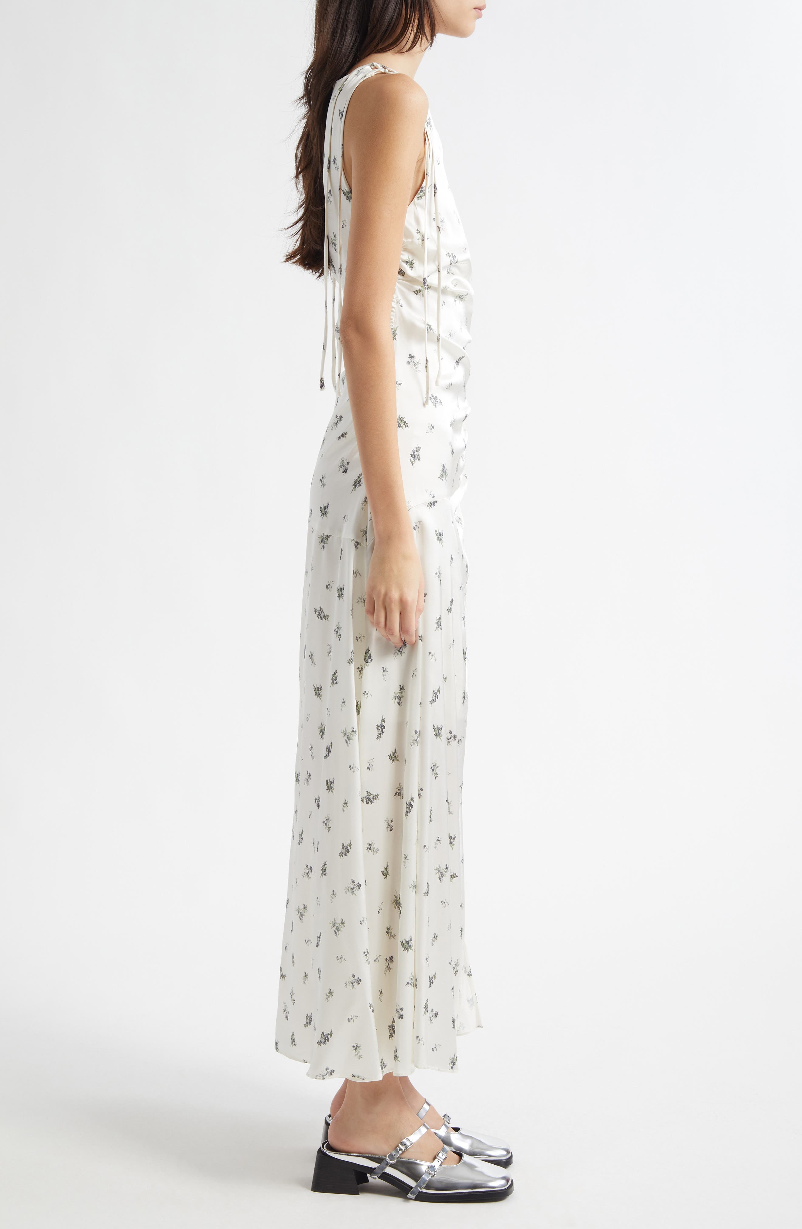 Ganni Printed Ruched Satin Maxi Dress in Egret at Nordstrom - 3
