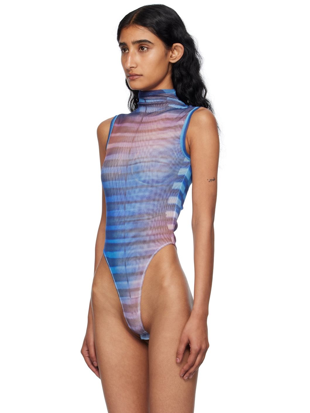 Blue & Pink High Neck Printed Air Bodysuit - 4