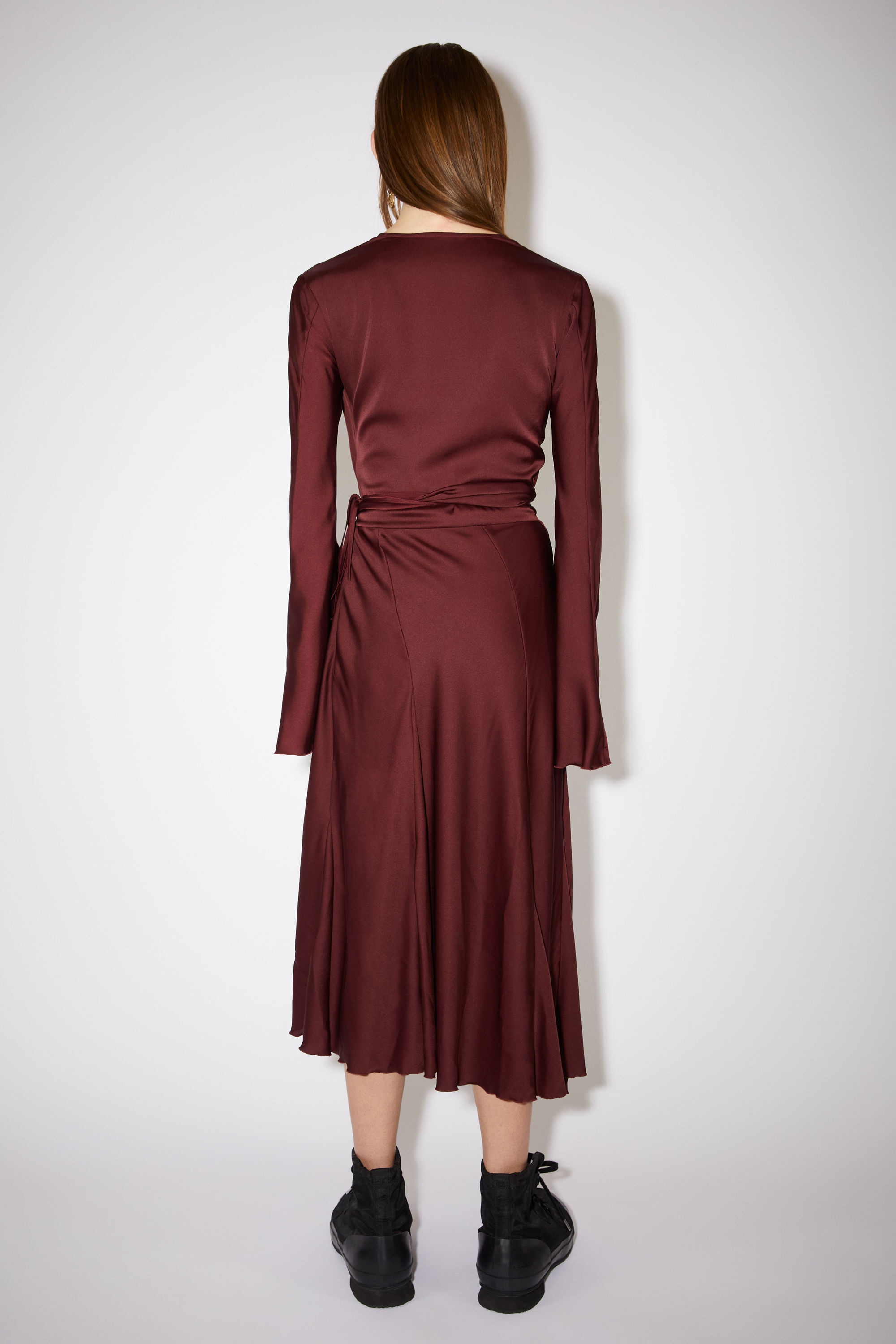 Satin long sleeve dress - Wine red - 3