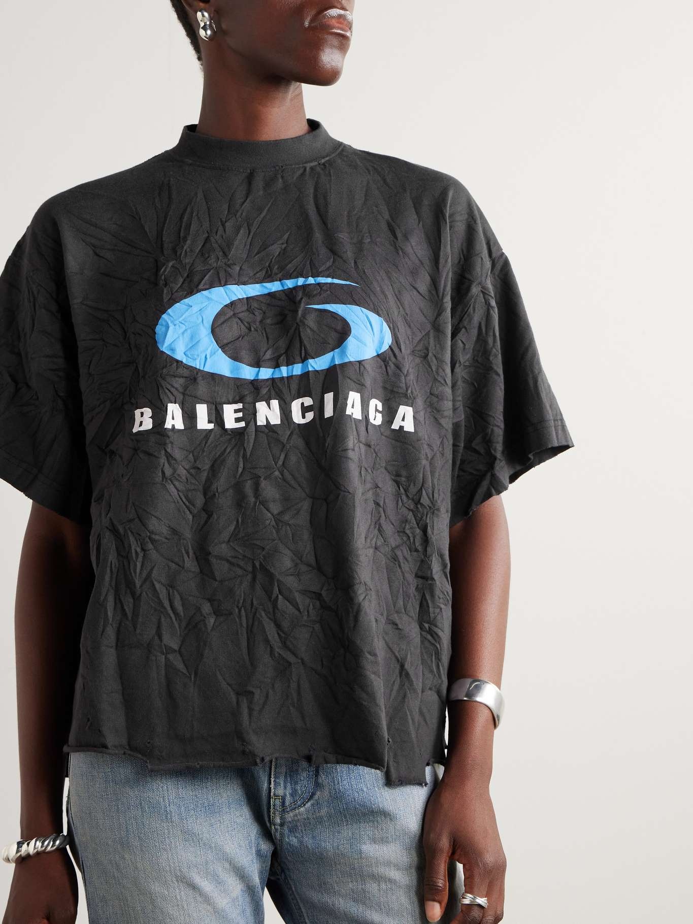 BALENCIAGA Cropped distressed printed cotton-jersey T-shirt