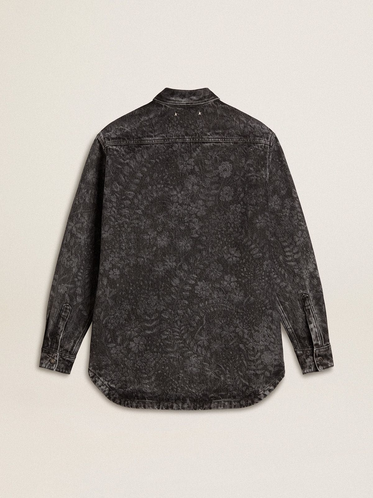 Women's black denim shirt with ton sur ton floral pattern - 6