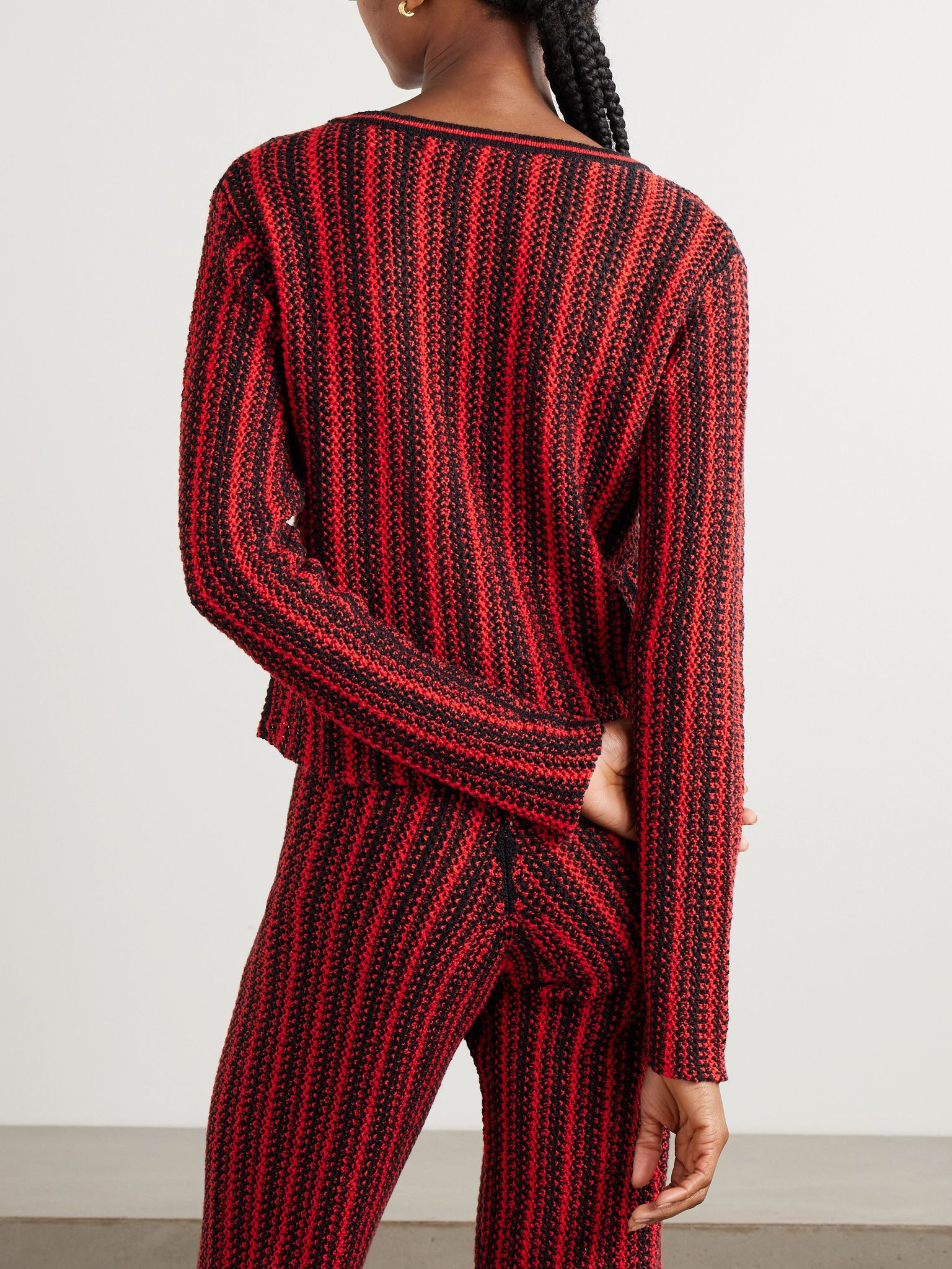 Appliquéd raffia-trimmed striped open-knit cotton cardigan Red - 3
