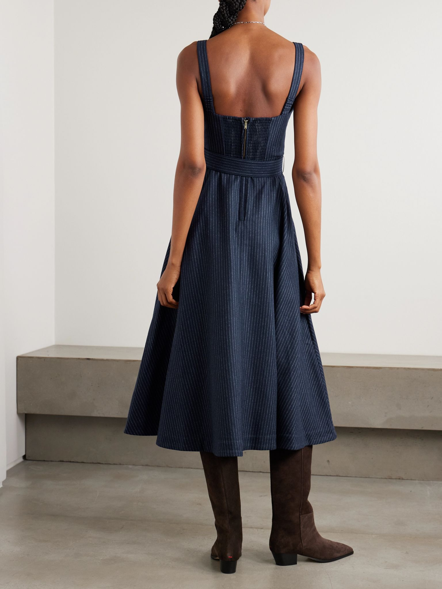 Calypso belted shirred pinstriped wool-blend midi dress Navy - 3