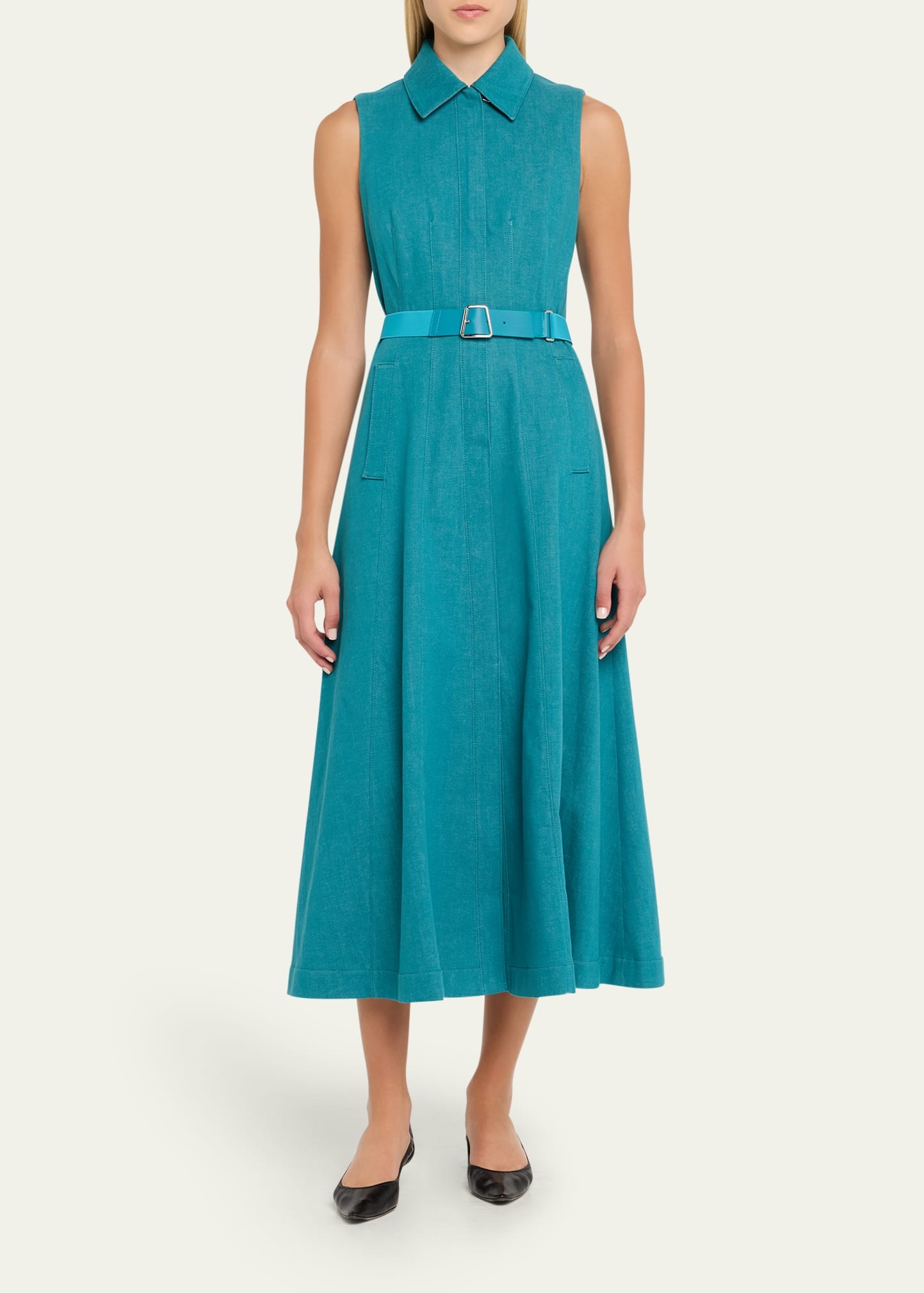 Sleeveless Belted Denim Midi Shirtdress - 2