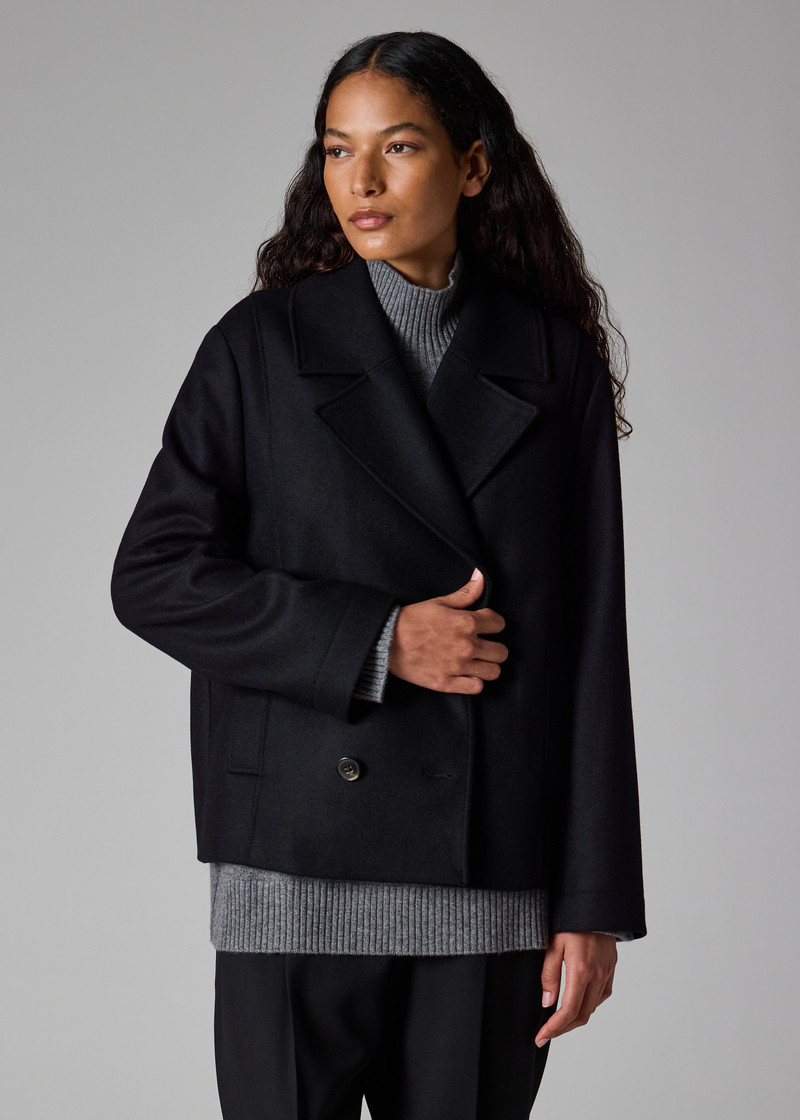 Women's Black Wool-Cashmere Blend Short Pea Coat 6